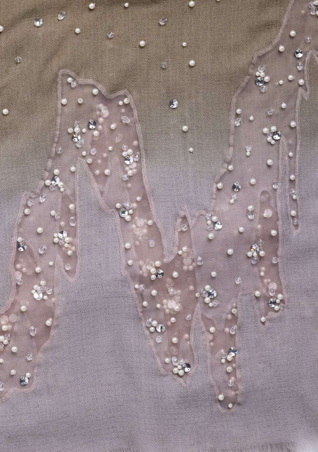 Mousse-Khaki Cashmere Scarf Silver Rhinestones & White Pearls