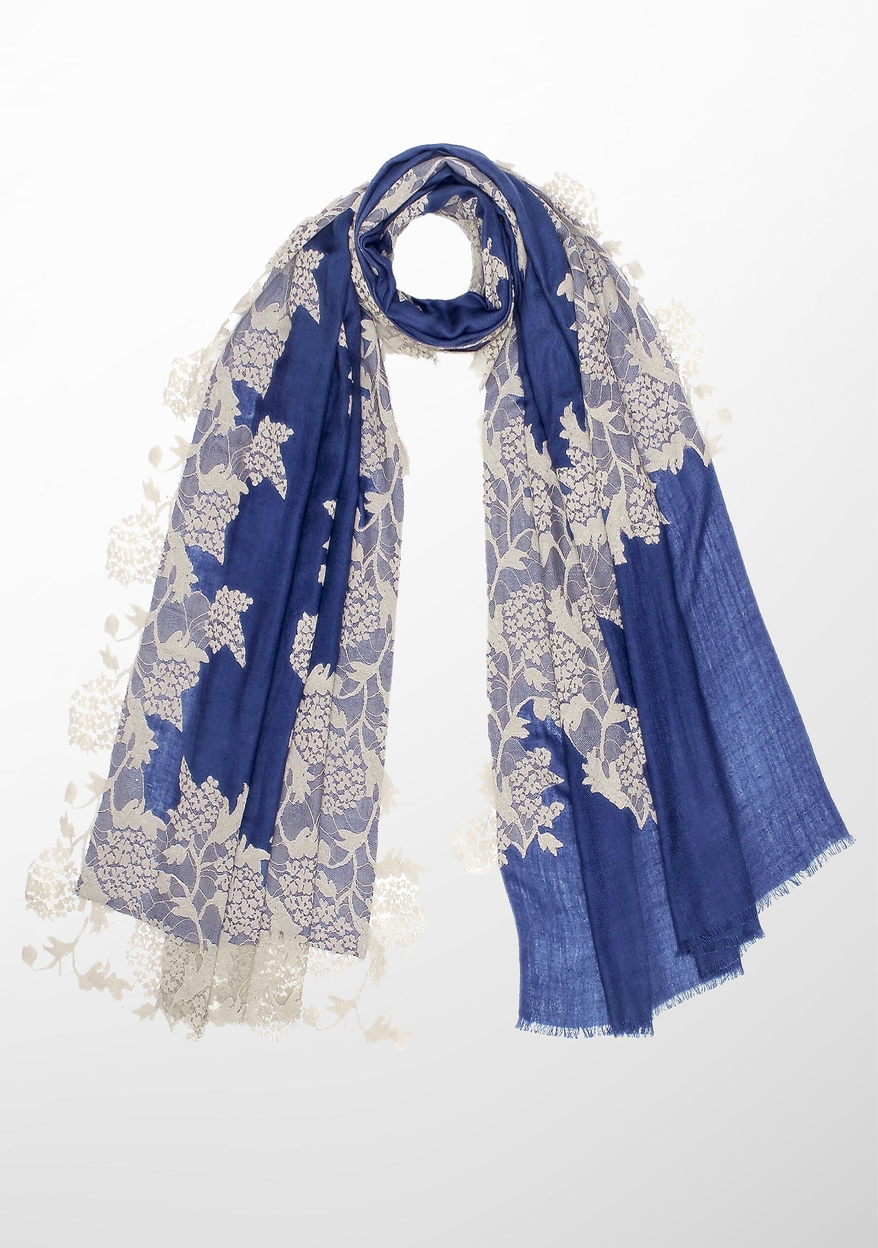 Denim Blue Silk And Wool Scarf with a Mousse Lace Application