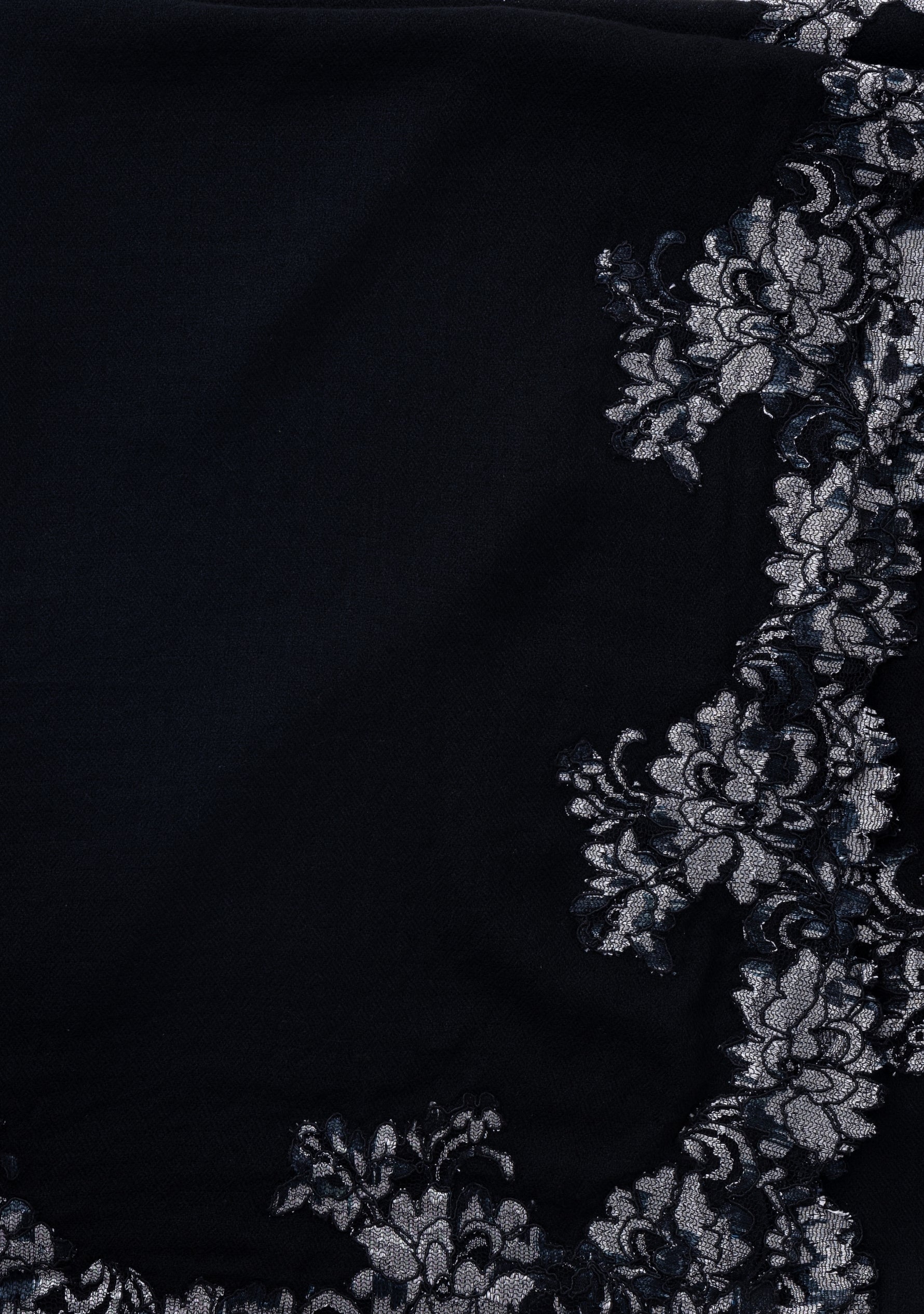 Black Cashmere Scarf with a Dual Shade Black and Silver Floral Chantilly Lace Border