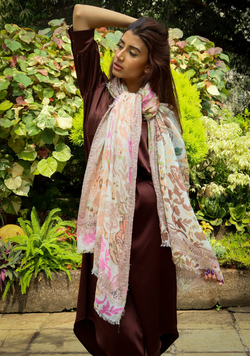 Dual Color Pink and Lt. Copper Floral Print Linen Scarf with a Lt. Copper Lace Cut-out Inner Border