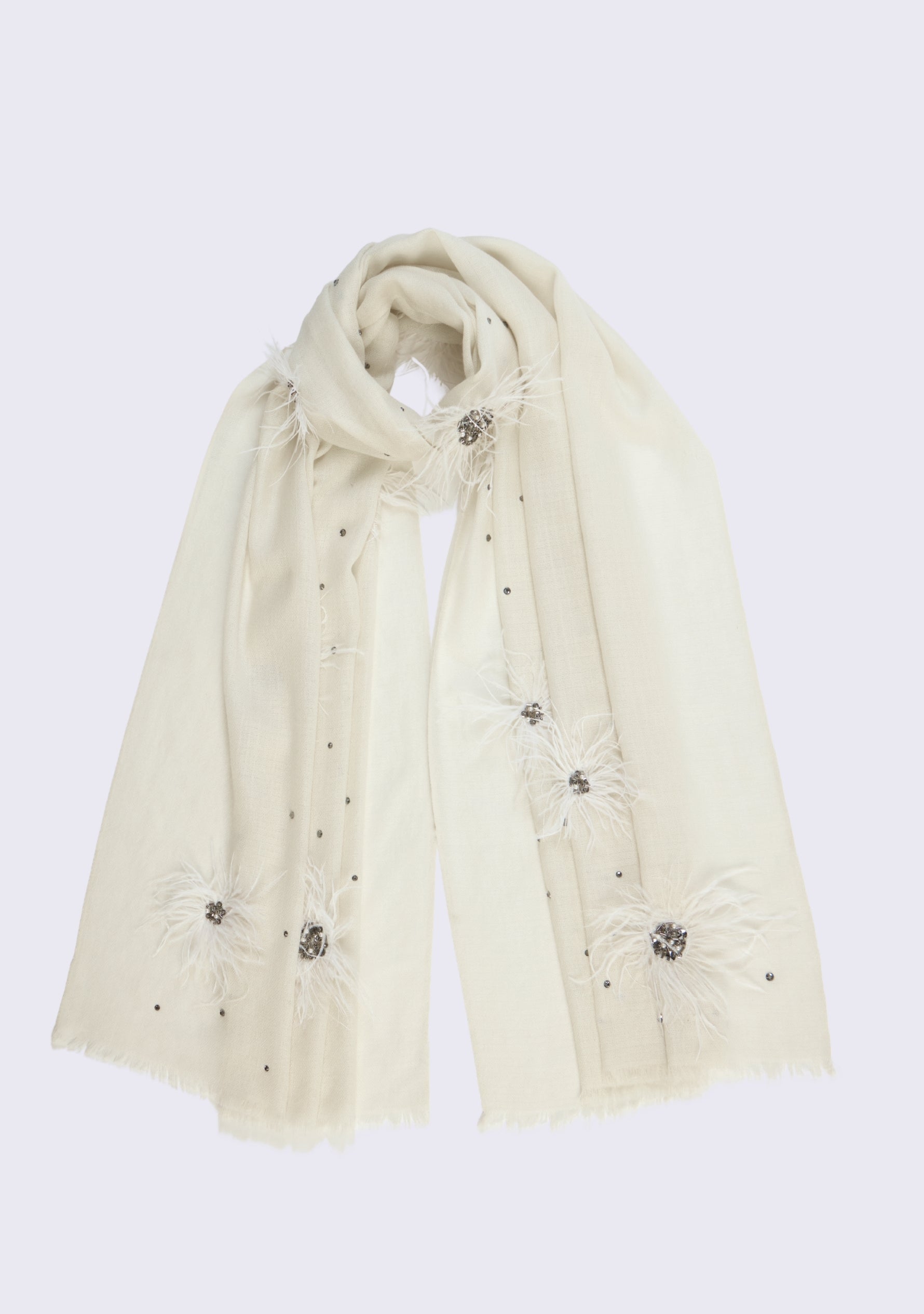 Ivory Cashmere Scarf White Ostrich Feather Flowers with Metallic Beads & Swarovski Crystals