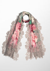 Roses Print Wool And Silk Scarf with a Seinna Floral Lace Border