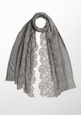 Dk. Grey Melange Wool Scarf with a Dk. Grey Bold Leaf Lace