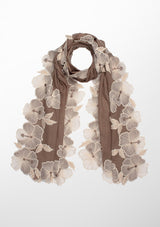 Stone Cashmere Scarf with Ivory Hibiscus Floral Embroidery Border