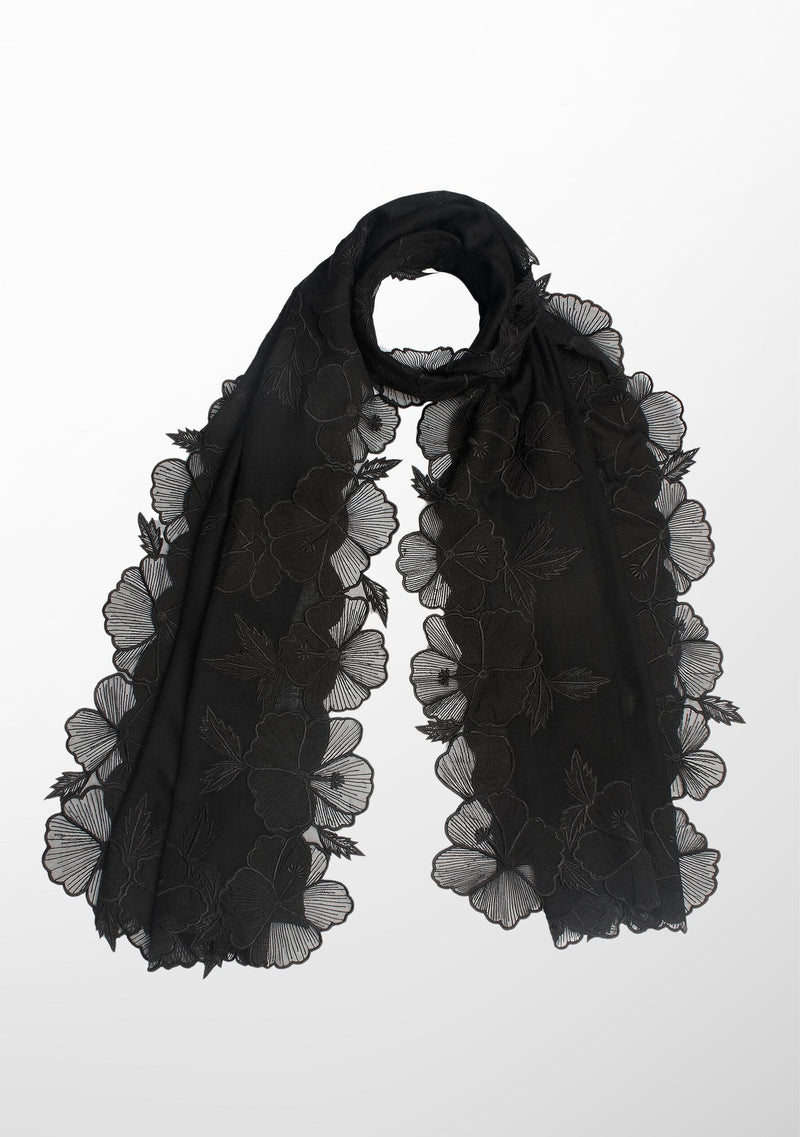 Black Cashmere Scarf with Black Hibiscus Floral Embroidery Border
