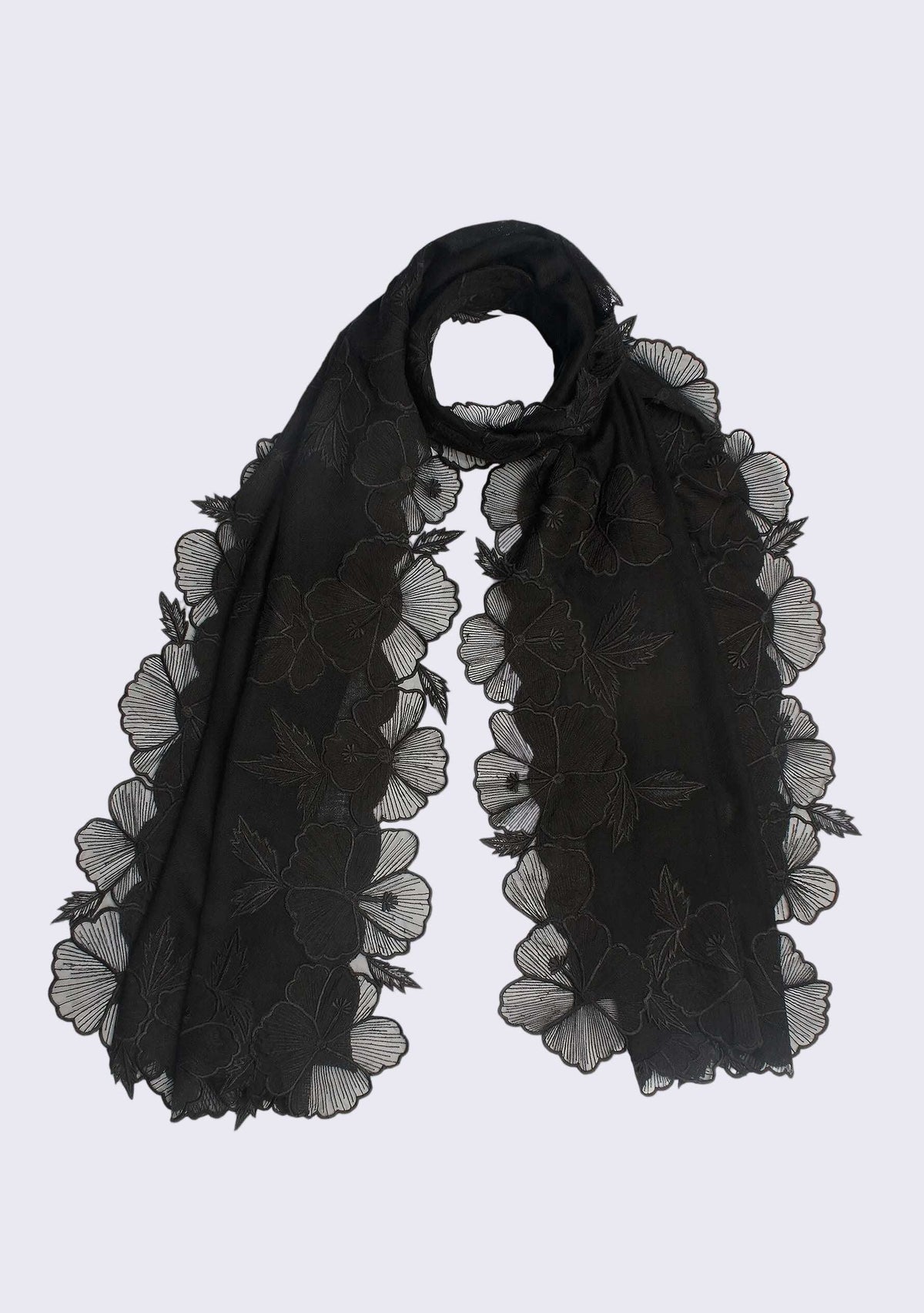 Black Cashmere Scarf Black Embroidery