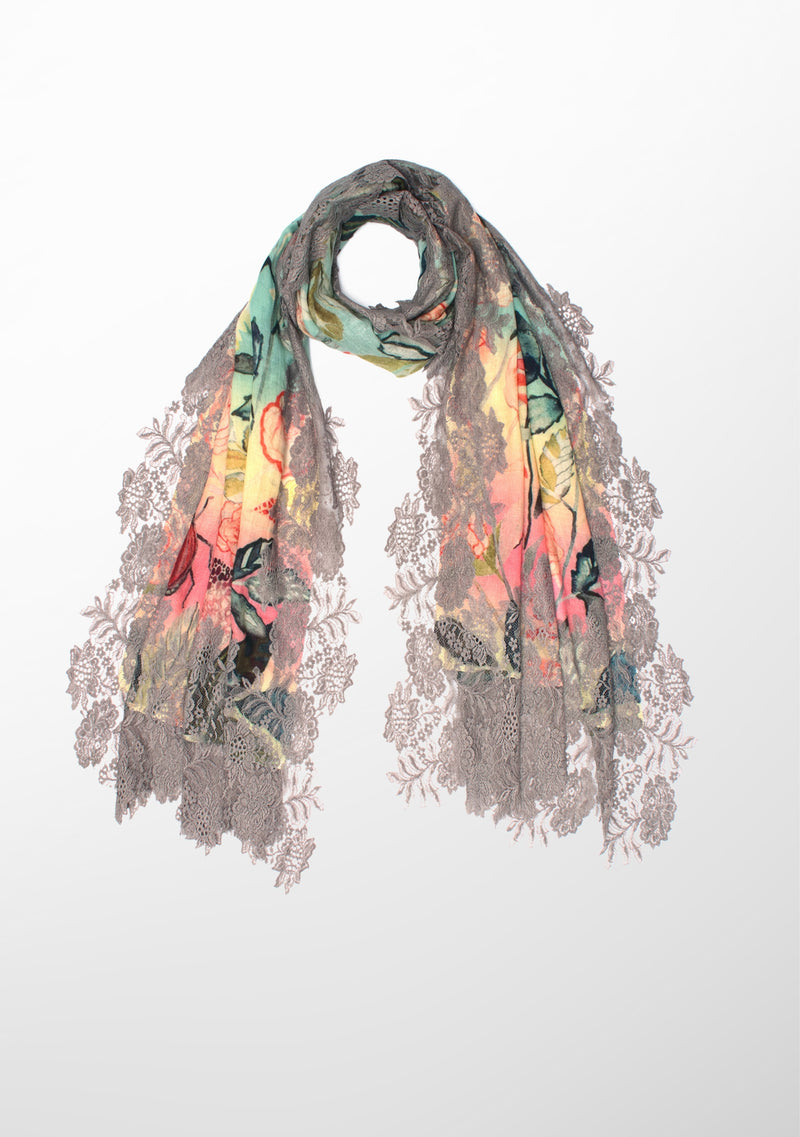 Gardenia Print Wool And Silk Scarf with a Mousse Floral Lace Border