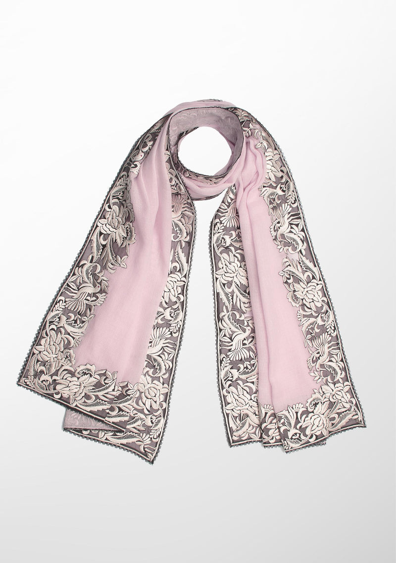 Baby Pink Cashmere Scarf with a Beige Border Embroidery and Black Lace Edging