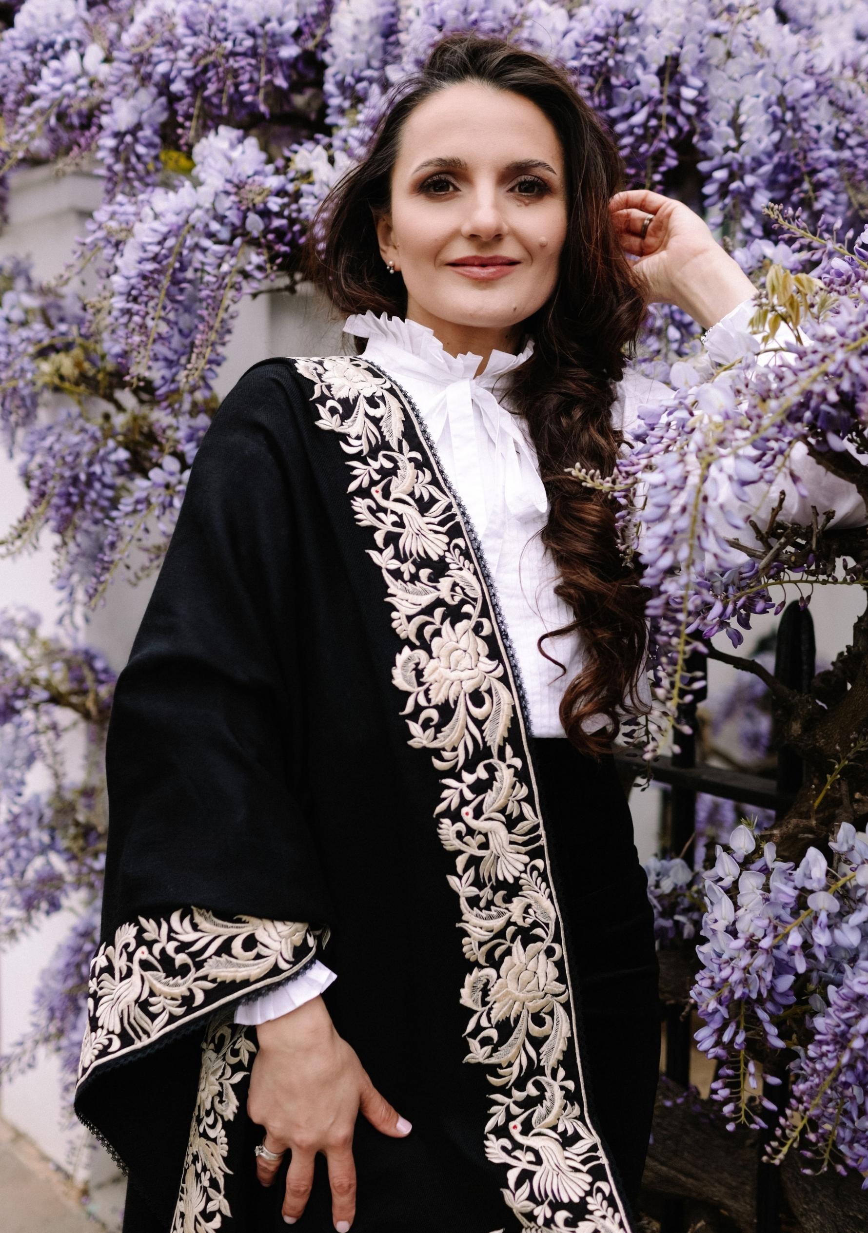 Black Cashmere Scarf with a Beige Border Embroidery and Black Lace Edging