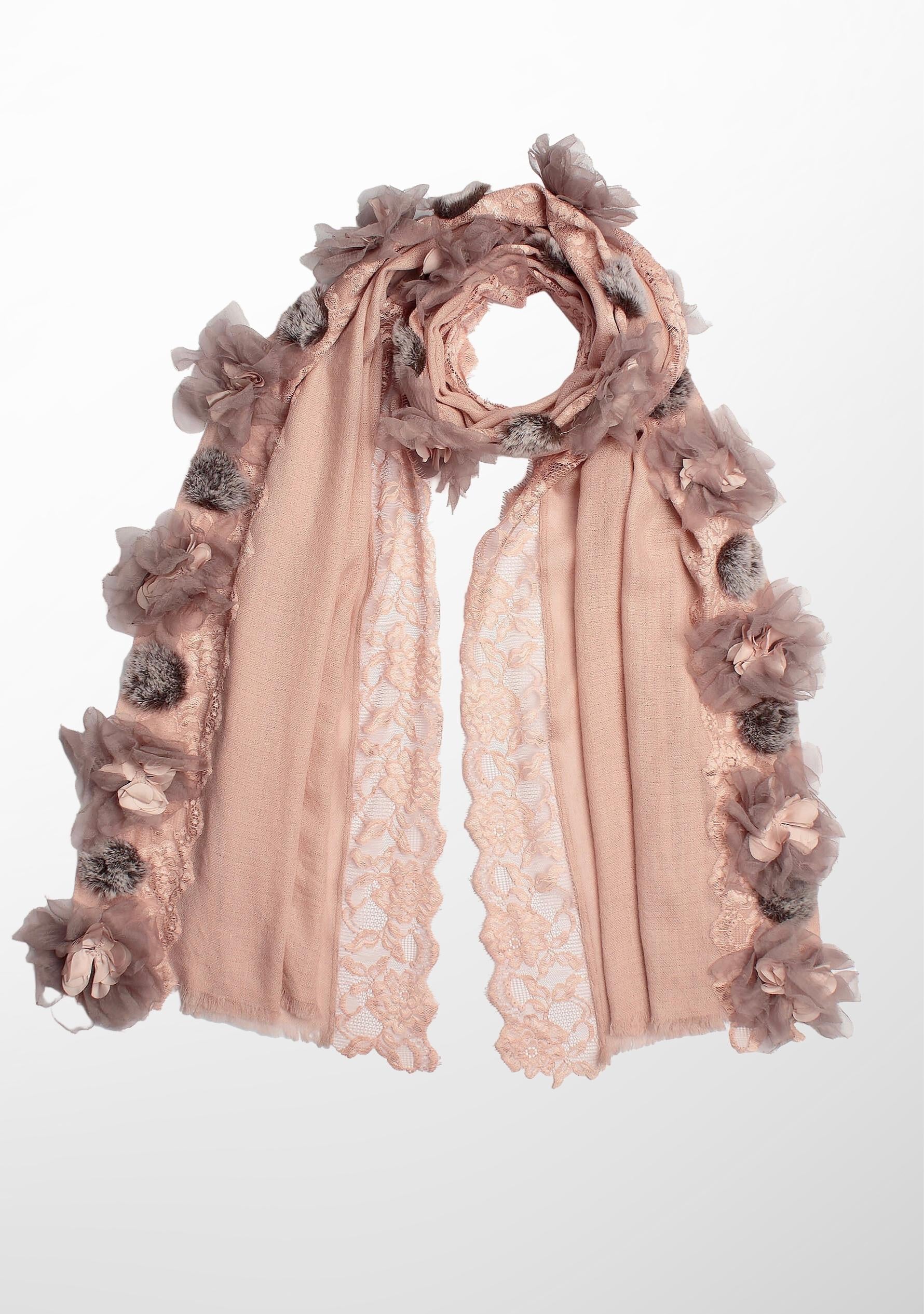 Lt. Copper Cashmere Scarf with Lt. Copper Filigiri lace, Lt. Copper 3D Floral Appliques and Grey Faux Fur Pom Poms