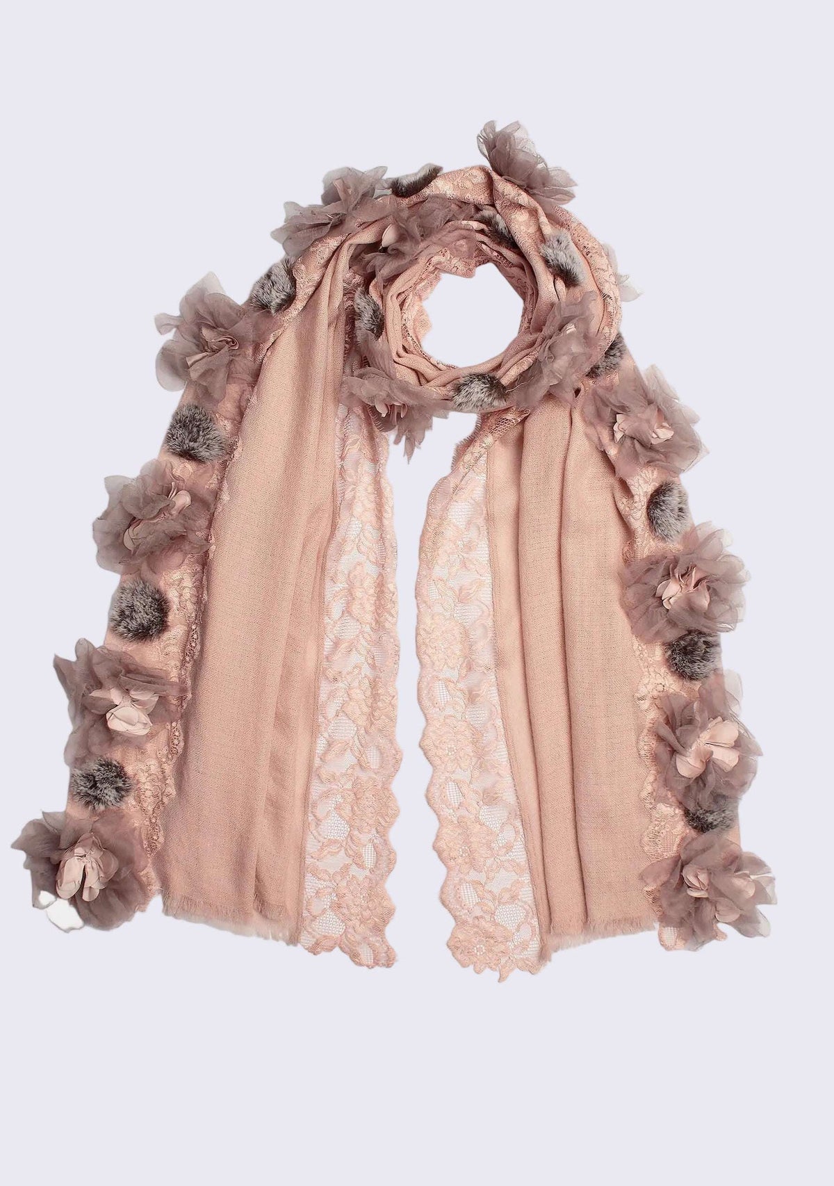 Lt. Copper Cashmere ScarfLace, 3D Applique & Gray faux Fur Pom Poms