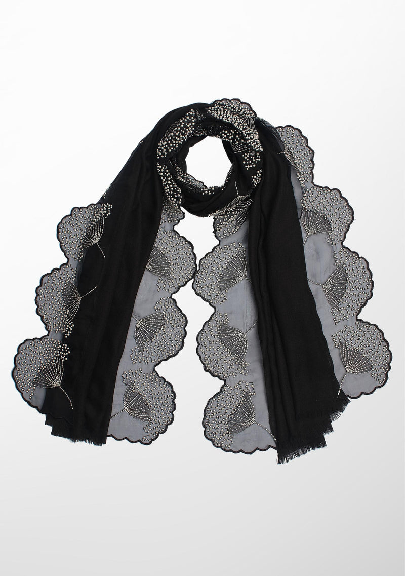Black Cashmere Scarf with Ivory Pearl Embroidered Panels