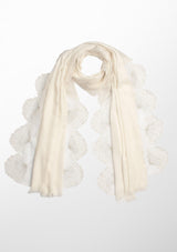 Ivory Cashmere Scarf with Ivory Pearl Embroidered Borders