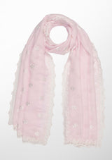 Lt. Pink Linen and Modal Scarf with White Floral Embroidery and White Floral Lace Border