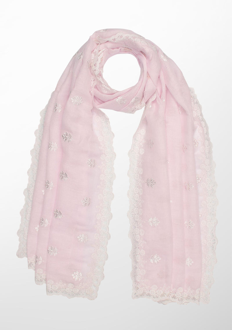 Lt. Pink Linen and Modal Scarf with White Floral Embroidery and White Floral Lace Border