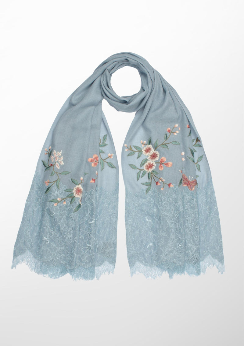 Steel Blue Cashmere Scarf with Multi-colored Embroidery and Steel Blue Filigree Lace Pallas