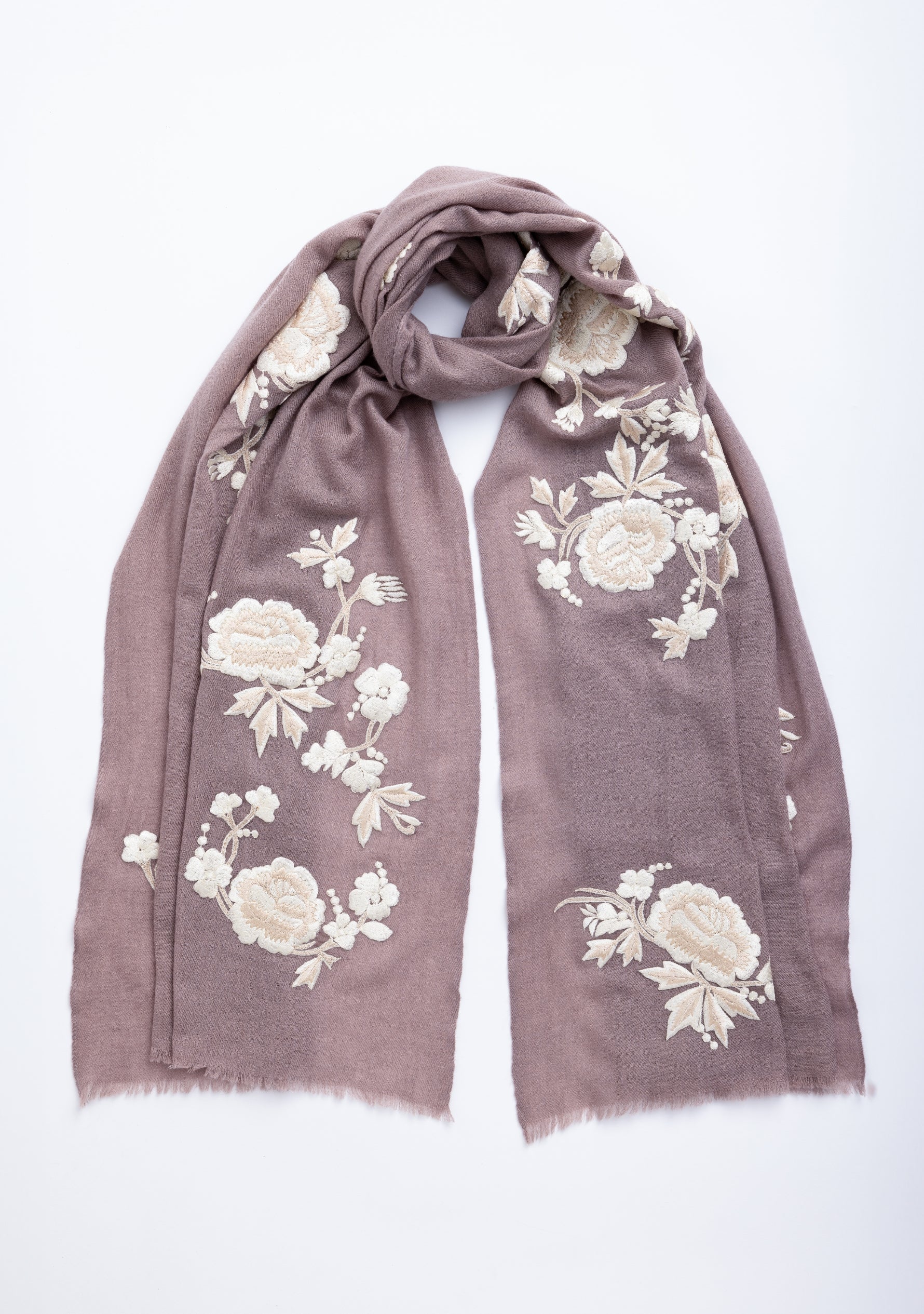 Copper Cashmere Scarf with Ivory Beige Floral Embroidery