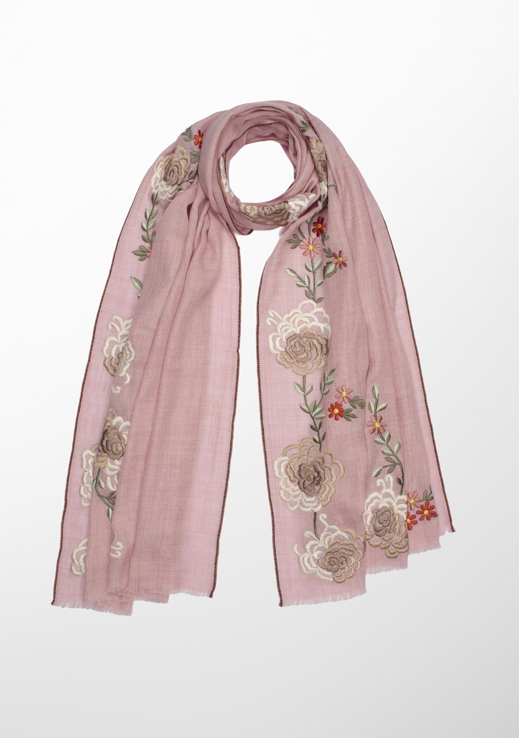 Lt. Pink Melange Wool and Silk Scarf with Multicolor Embroidery