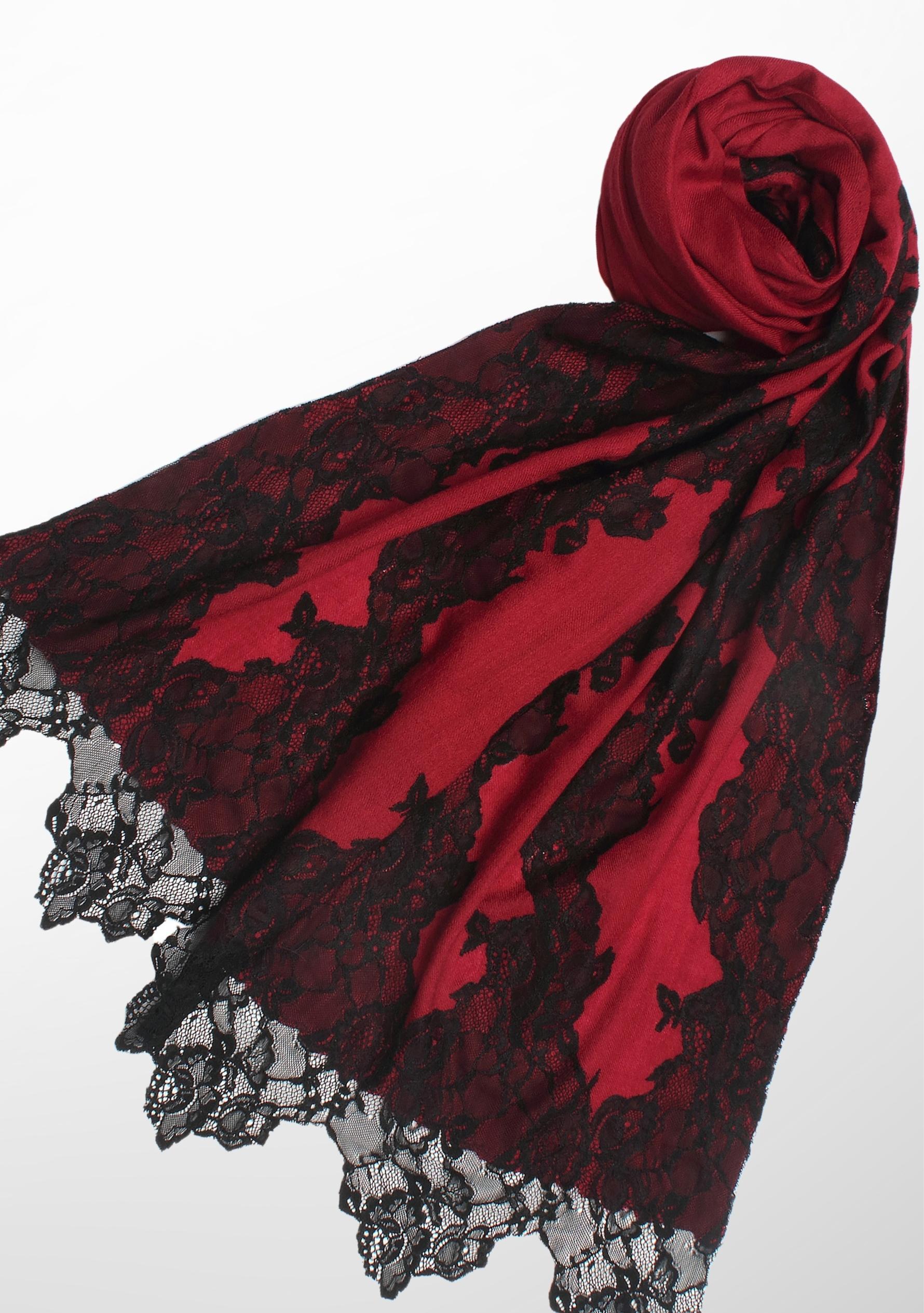 Burgundy Wool and Silk Scarf with Black Floral Lace