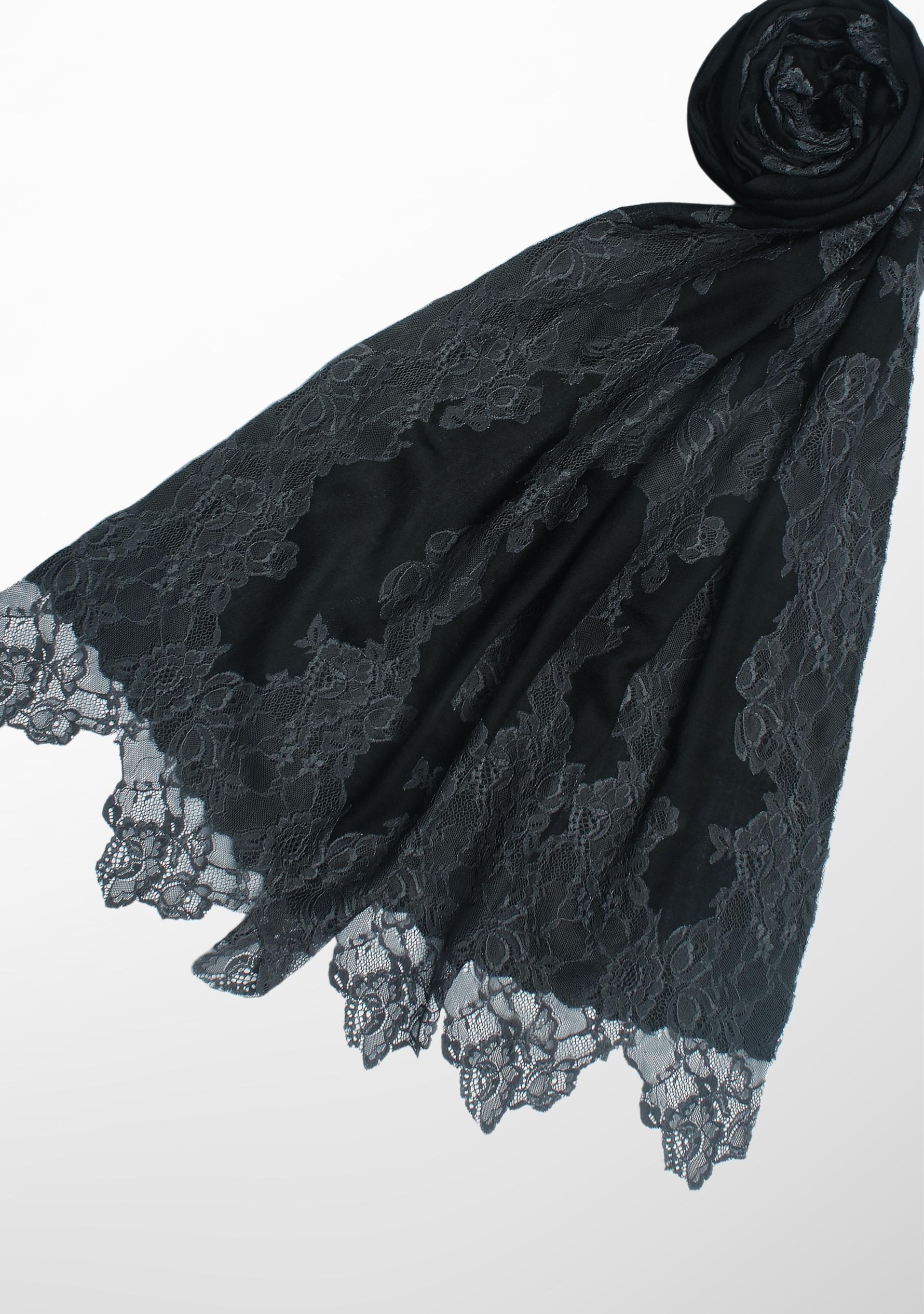 Black Wool and Silk Scarf with Charcoal Floral Lace