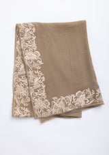 Natural Cashmere Scarf with a Beige Border Embroidery and Natural Lace Edging