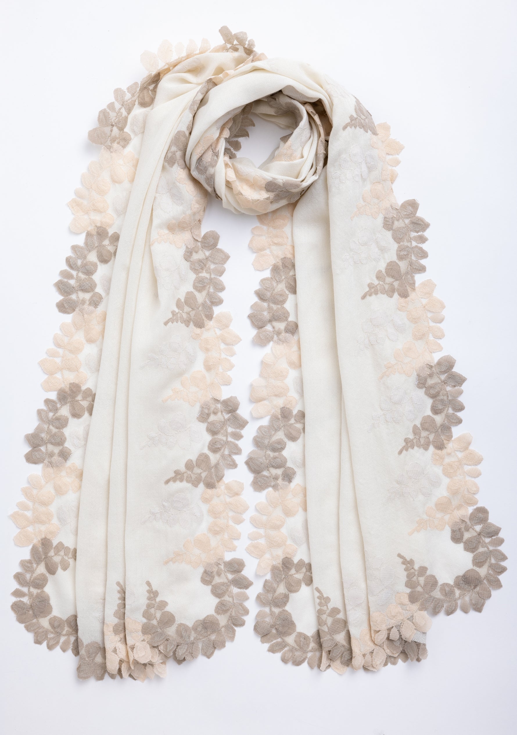 Ivory Wool and Silk Scarf with Beige, Natural and Alabaster Triple Scalloped Lace Border