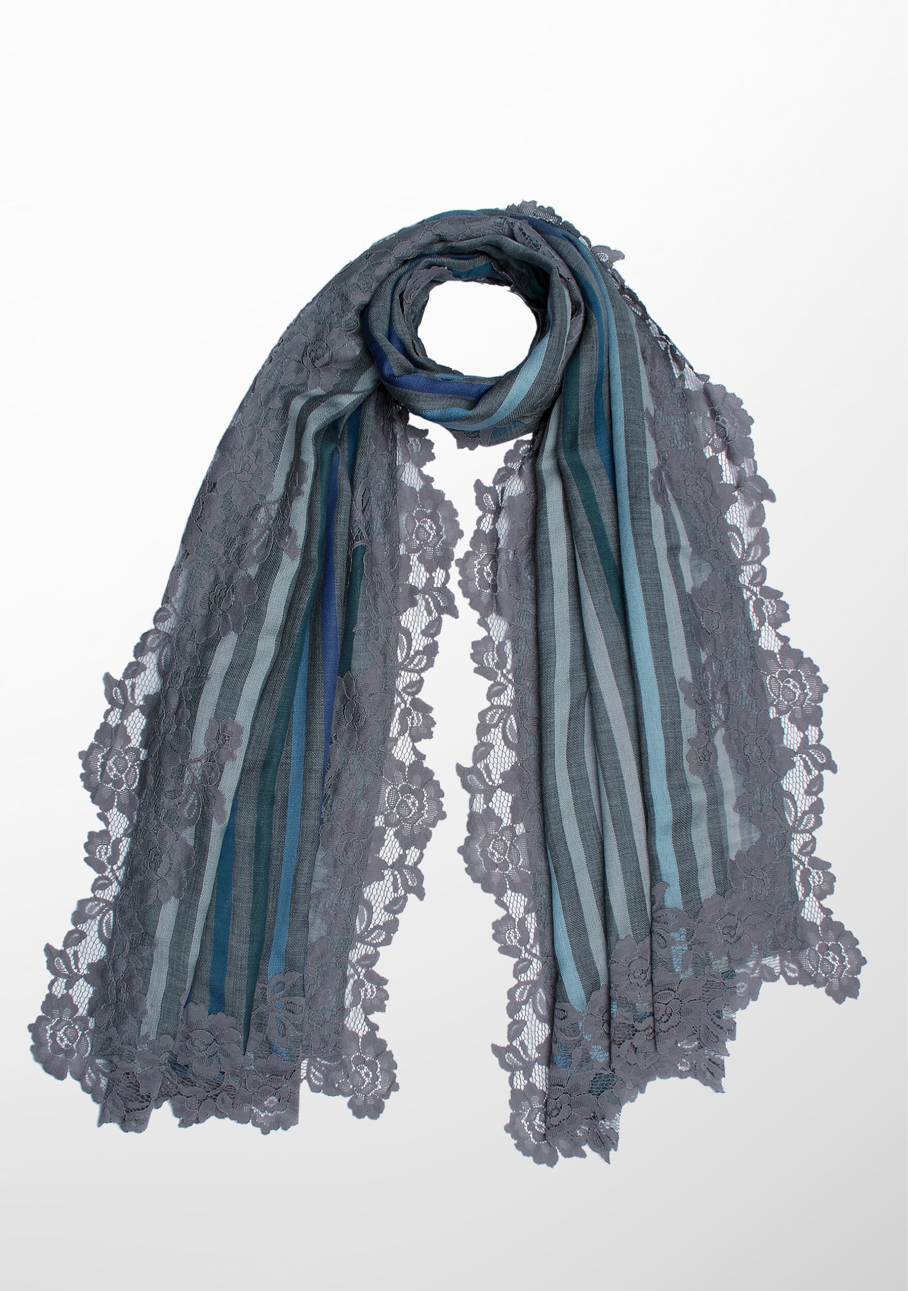 Grey Wool and Silk Multi-Blue Striped Scarf with Grey Floral Lace Border