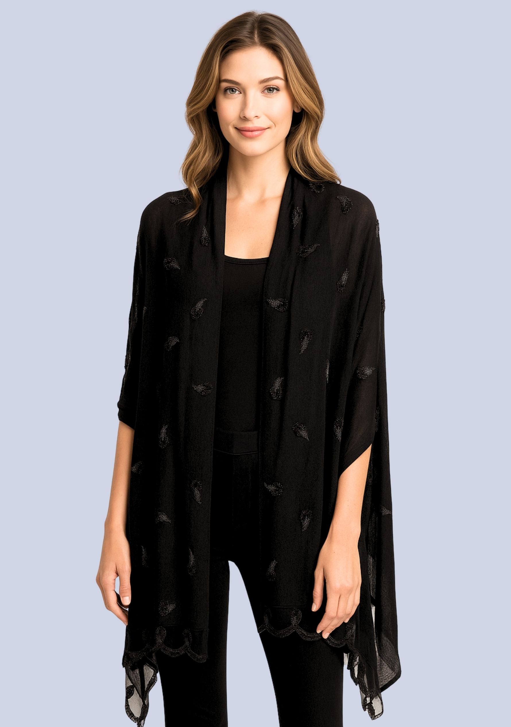 Black Cashmere Scarf Black Hand-beaded Pearls