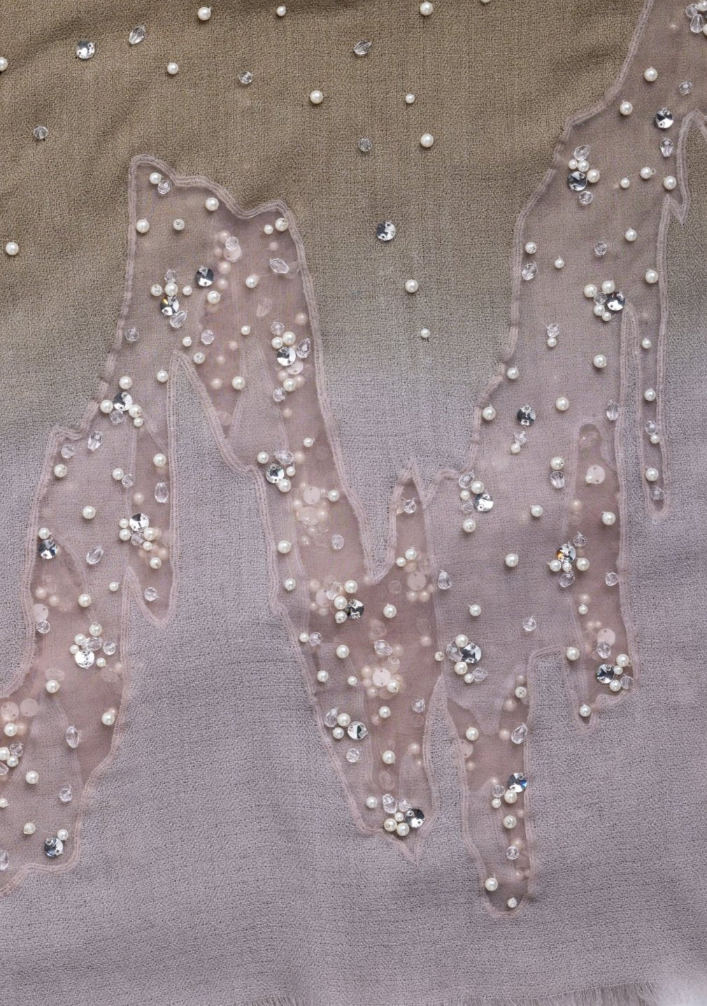 Mousse-Khaki Ombre Cashmere Scarf with Silver Rhinestones and White Pearls