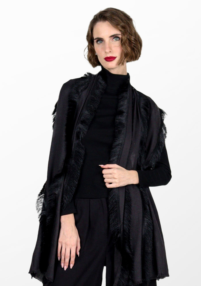 Charcoal Wool & Silk Scarf 
Black Fringe Panels