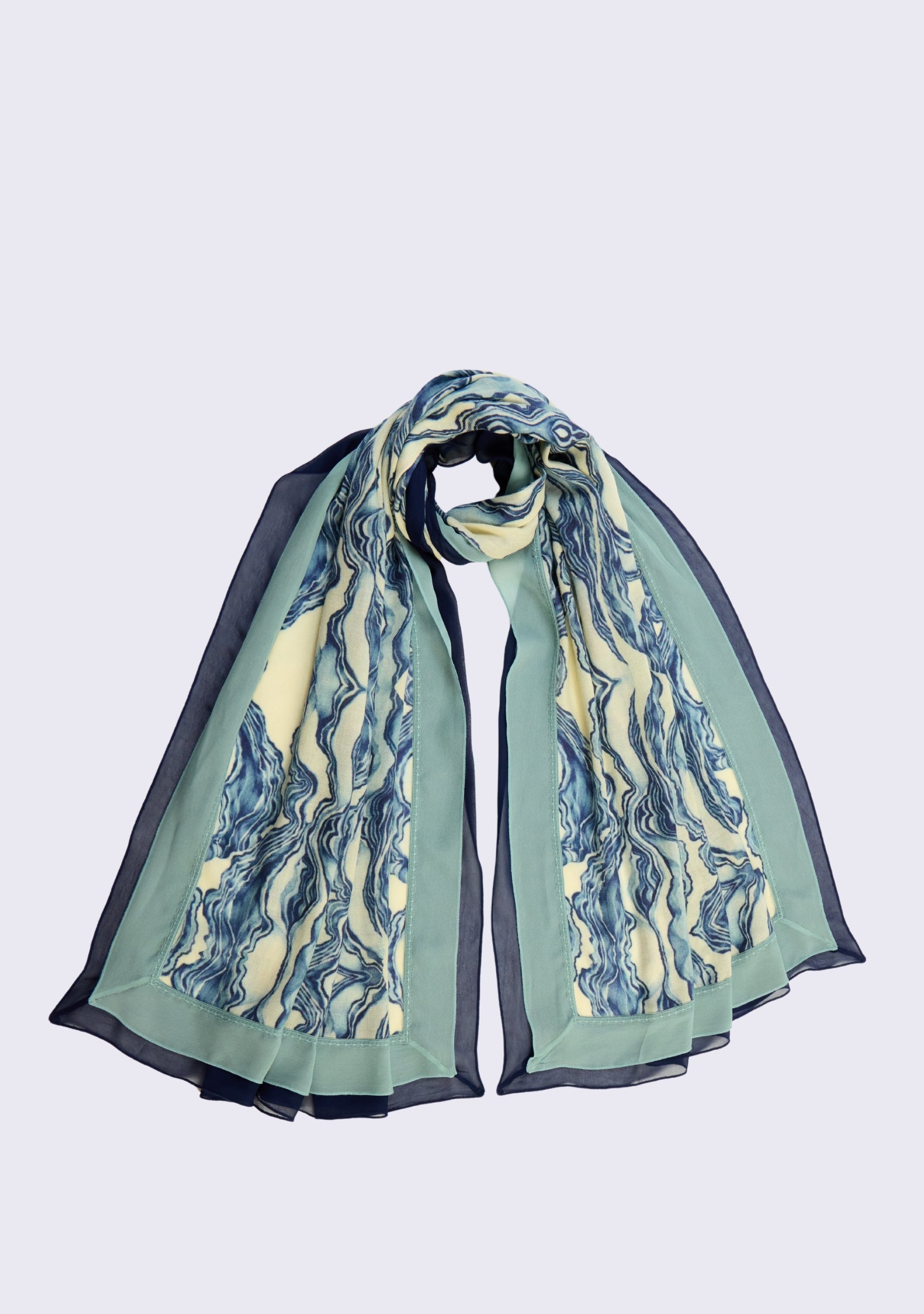 Blue Abstract Print Wool & Silk Scarf Navy Blue & Sea Green Double Georgette Border