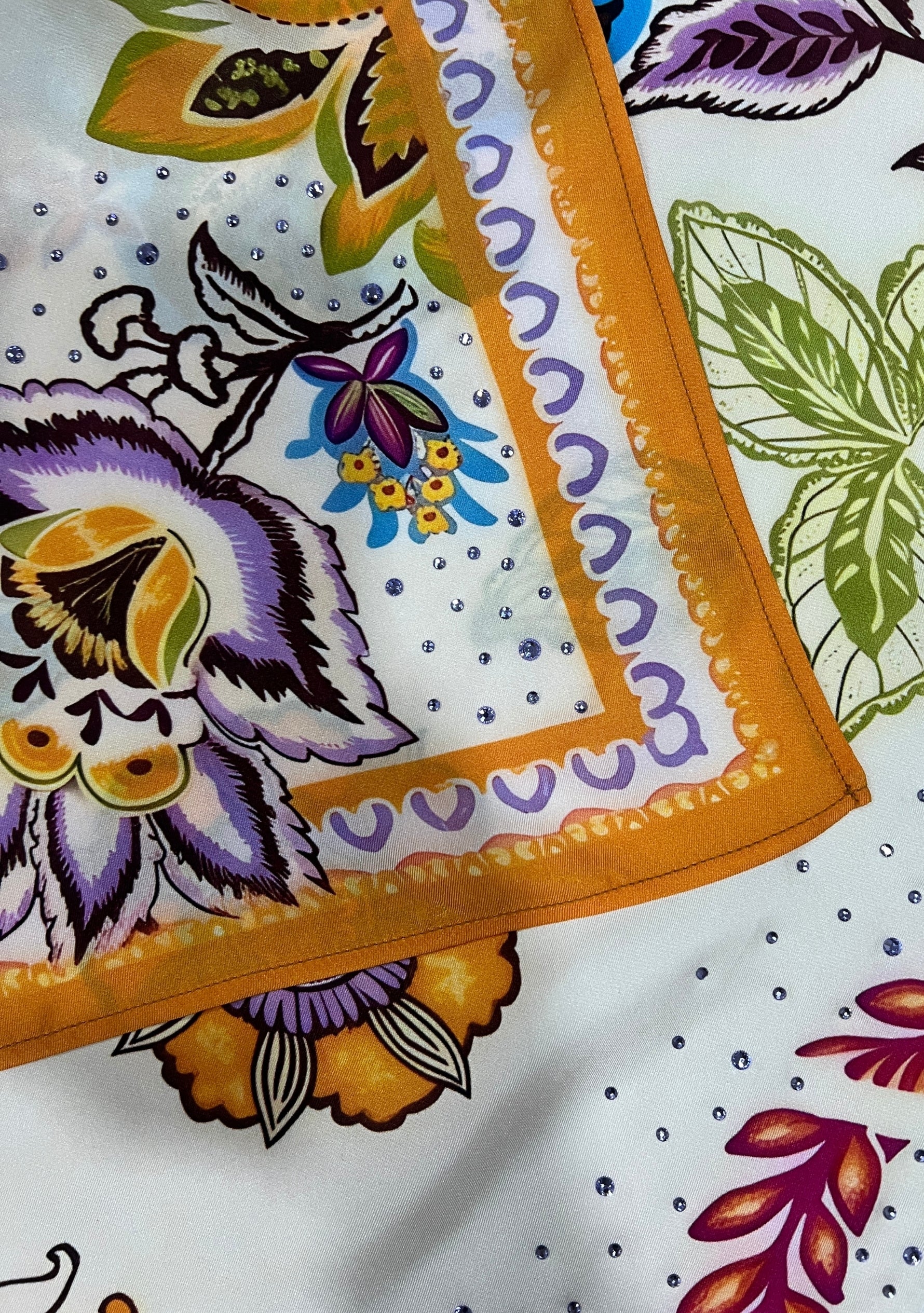 Multi Chintz Print Silk Square Scarf Lavender Swarovski Crystrals