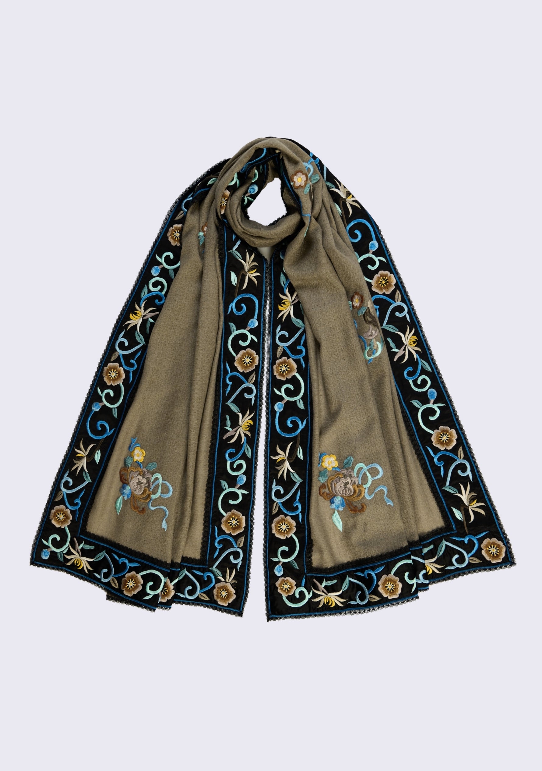 Taupe Cashmere Scarf Black Multi-colored Embroidery & Black Lace