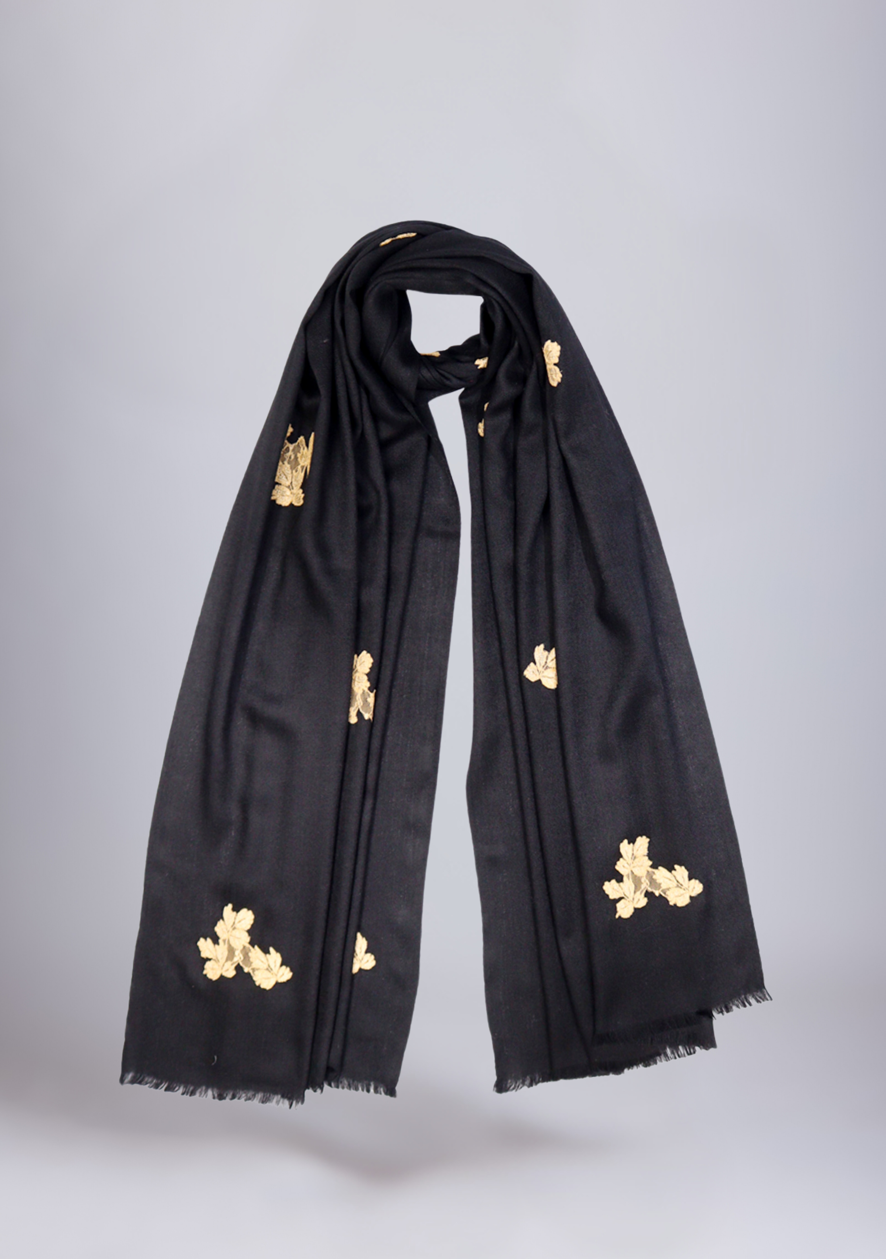 Black Wool Scarf with Gold Leaf Lace Appliques