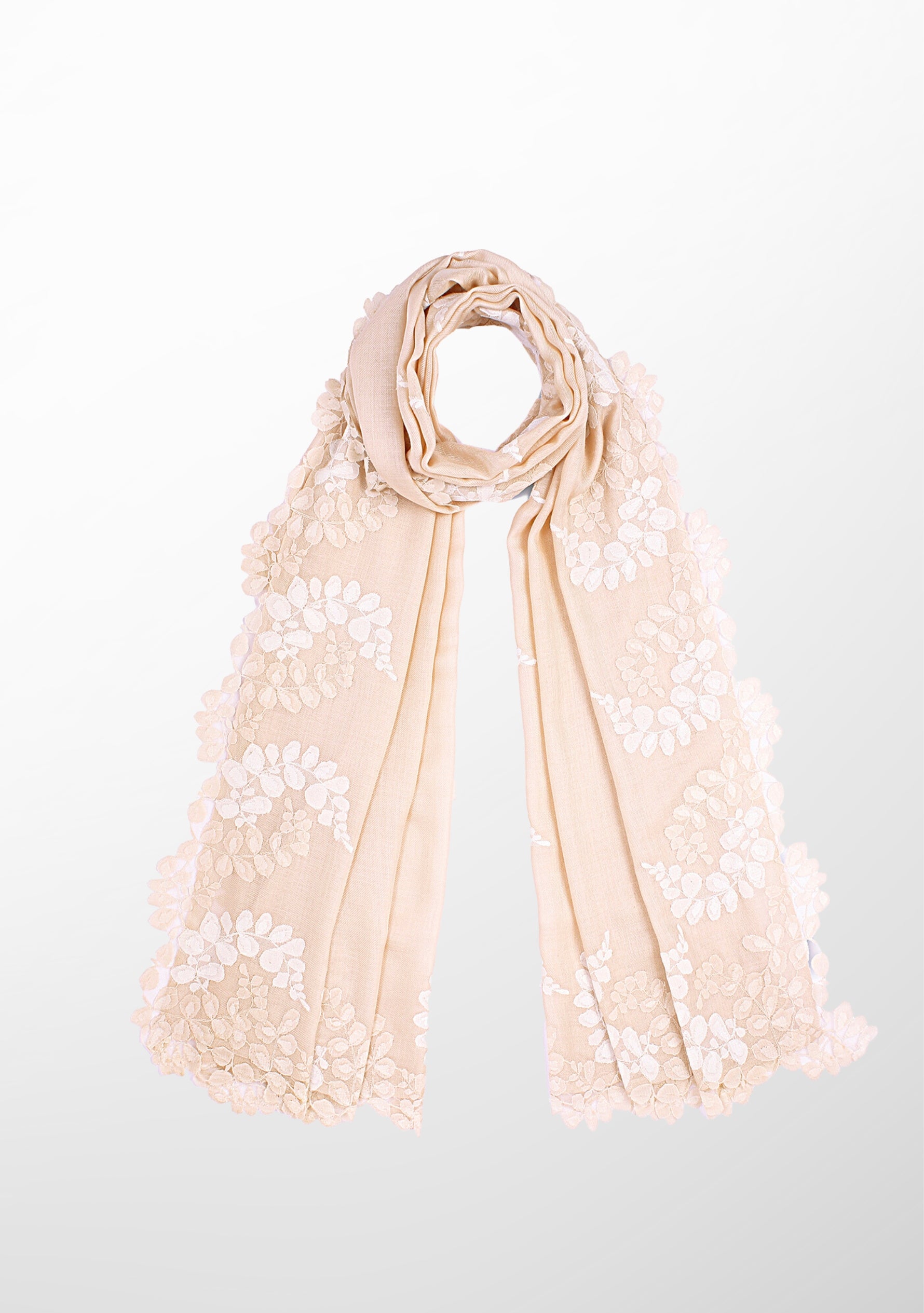 Beige Wool and Silk Scarf with a Beige and Ivory Double Scalloped Lace Border