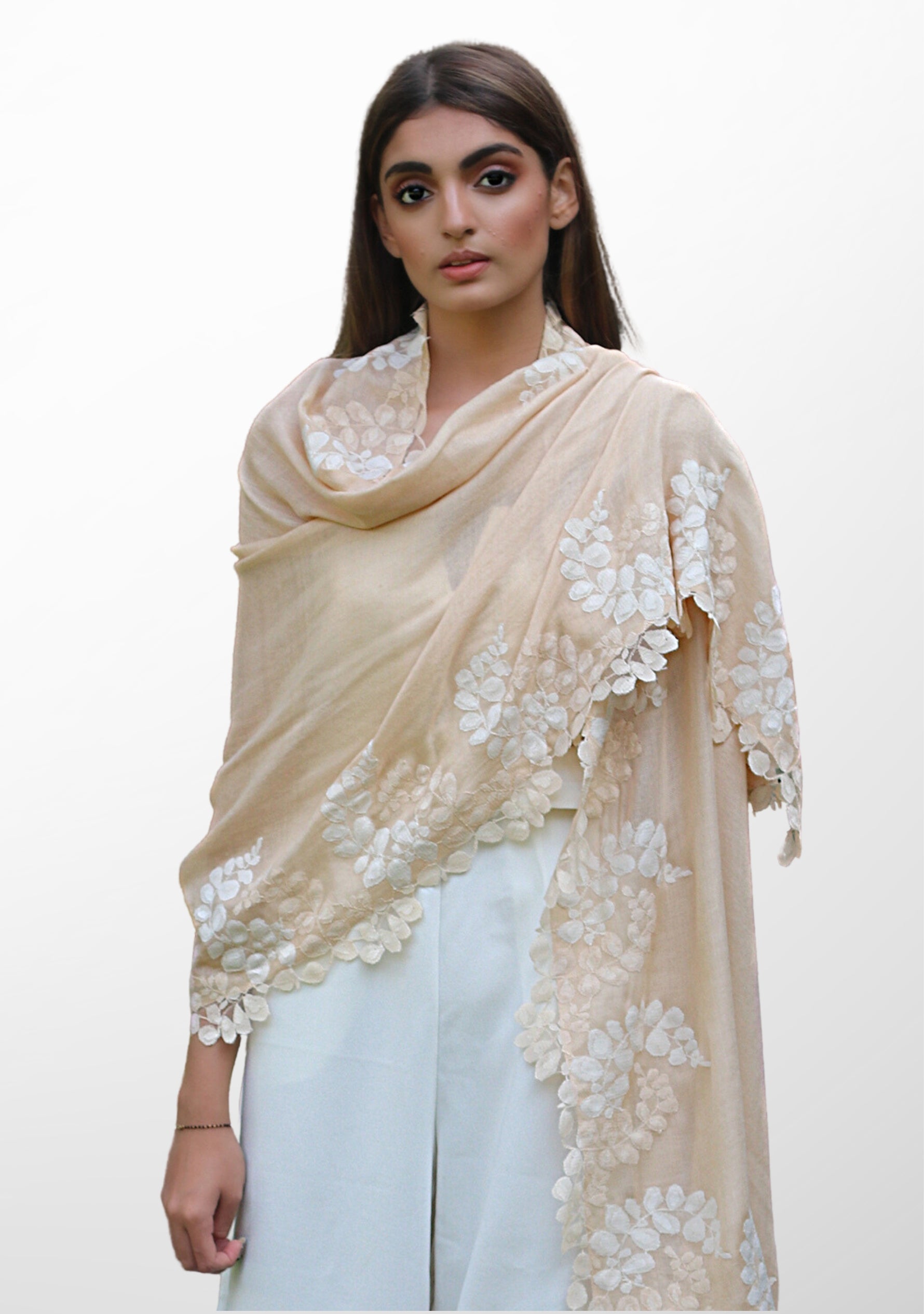 Beige Wool and Silk Scarf with a Beige and Ivory Double Scalloped Lace Border