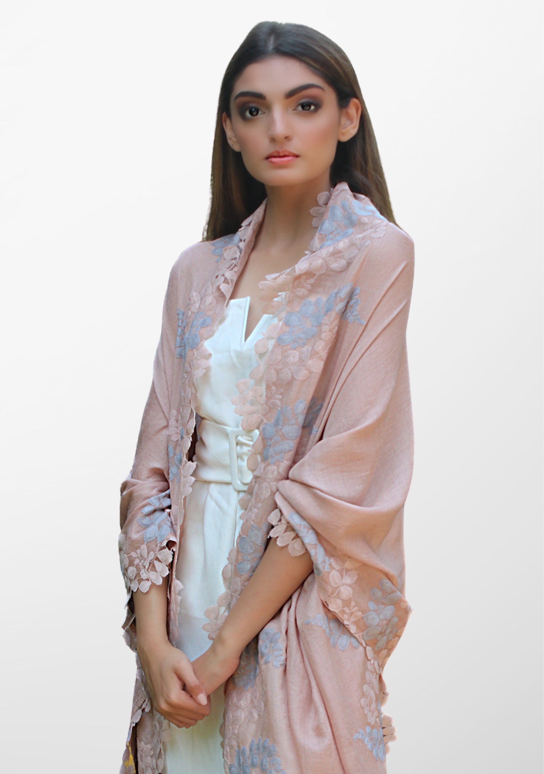 Light Copper Silk and Wool Scarf with a Light Copper and Mousse Double Scalloped Lace Border