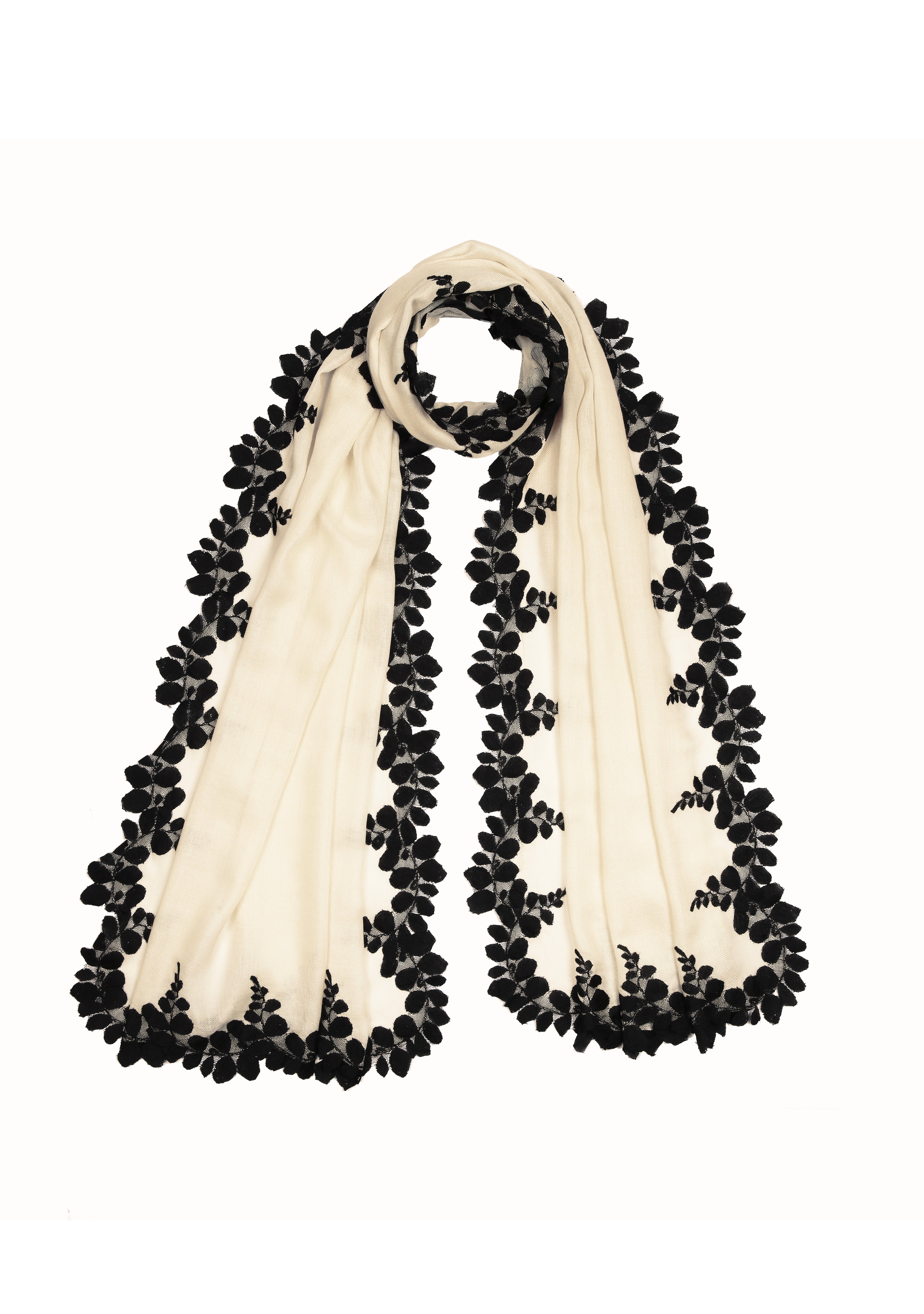 Beige Silk and Wool Scarf with a Black Scalloped Lace Border