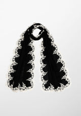 Black Silk and Wool Scarf with a Beige Scalloped Lace Border