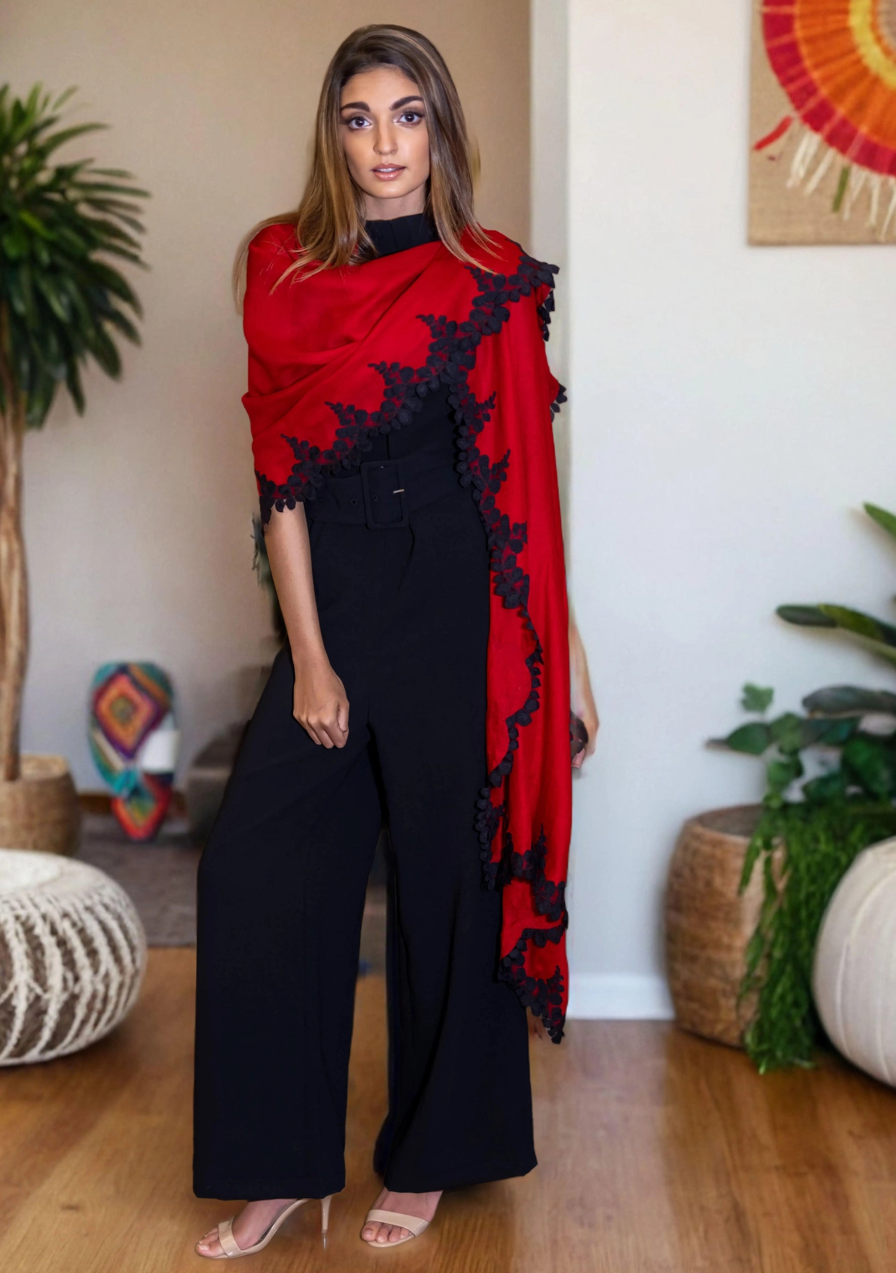 Red Silk and Wool Scarf with a Black Scalloped Lace Border