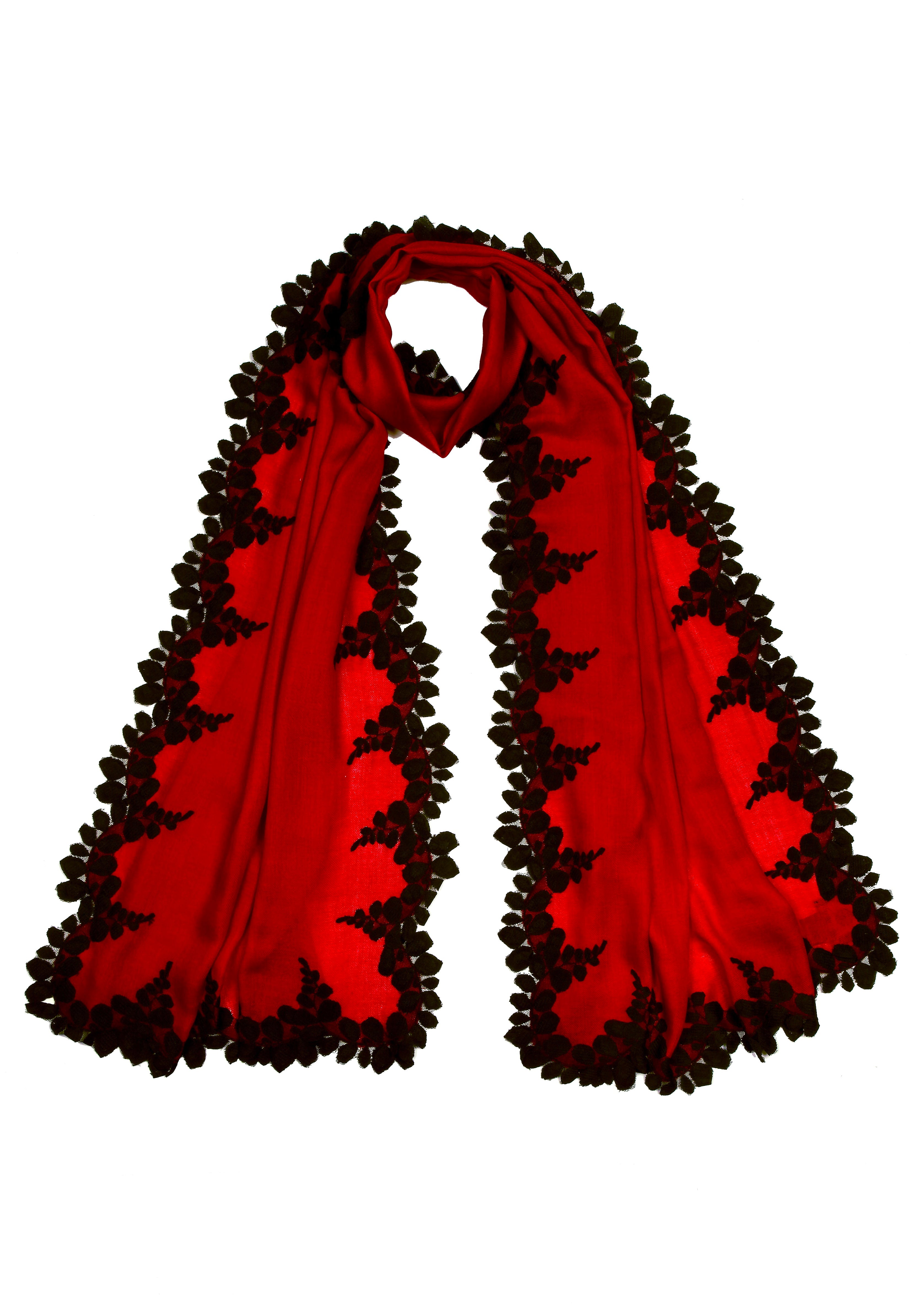 Red Silk and Wool Scarf with a Black Scalloped Lace Border