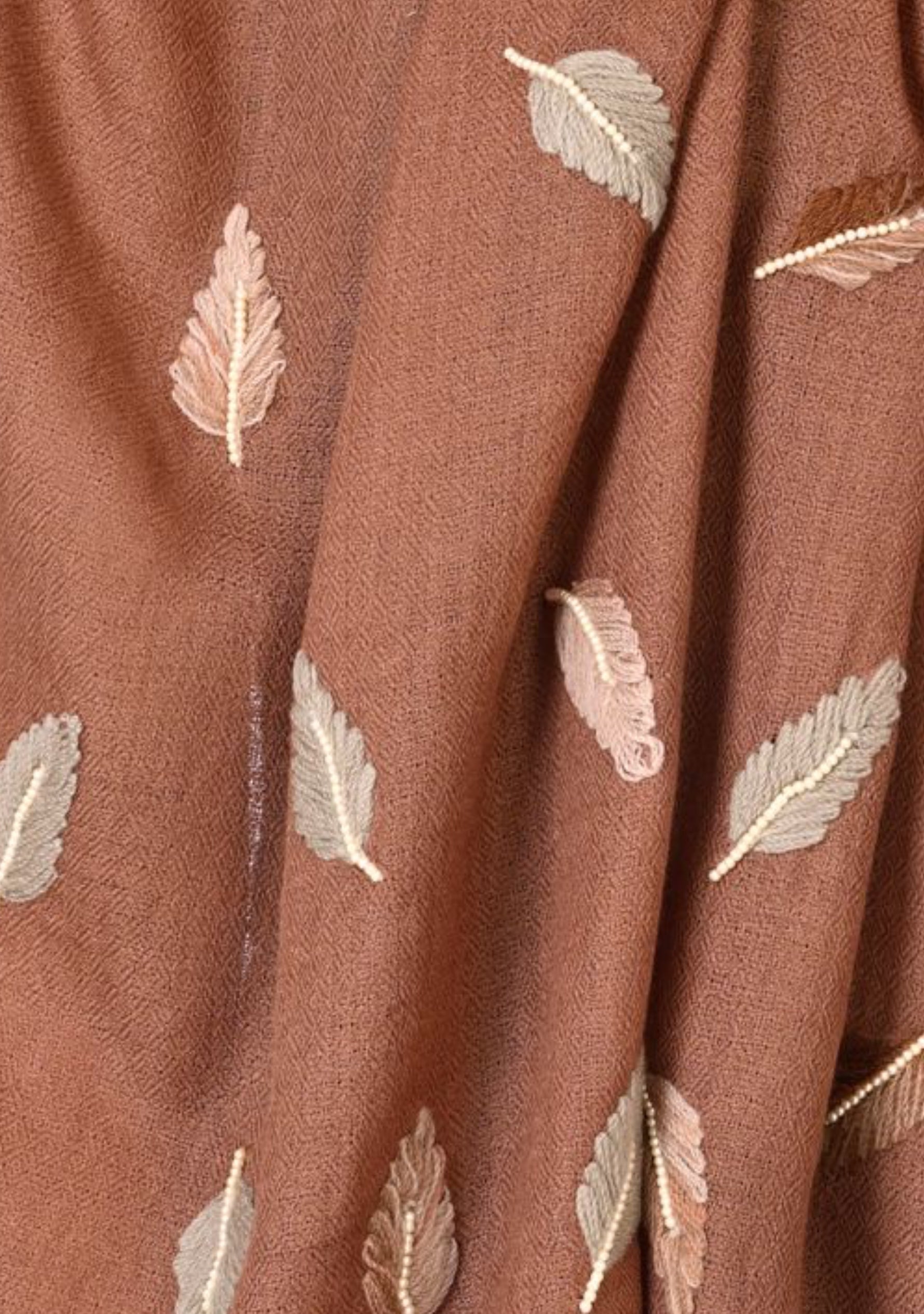 Brown Wool & Silk Scarf with Taupe and Brown Leaf Embroidery and Ivory Pearls