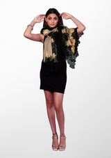 Natural Wool and Silk Scarf with a Black and DK. Gold Double Color Floral Lace Border