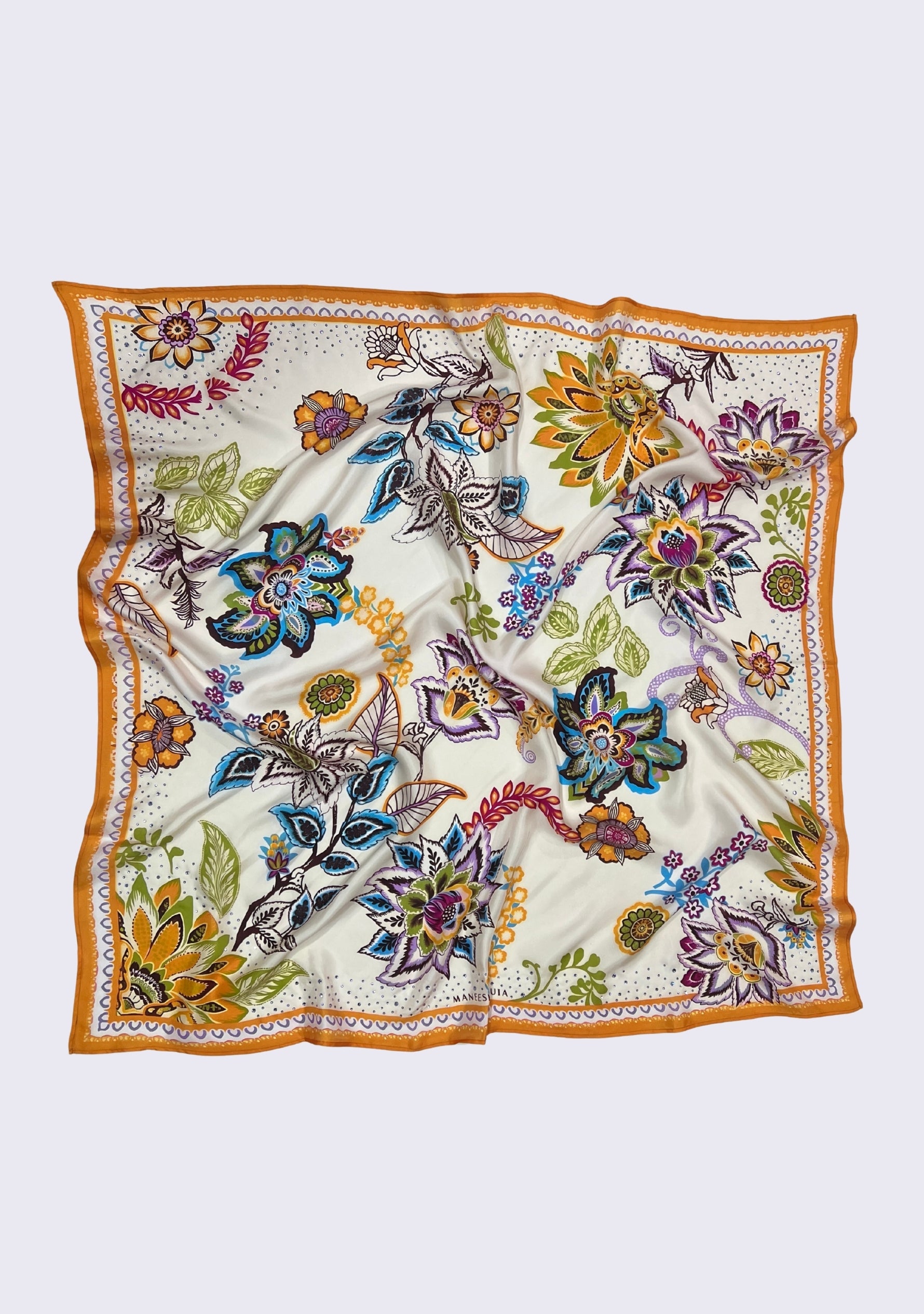 Multi Chintz Print Silk Square Scarf Lavender Swarovski Crystrals