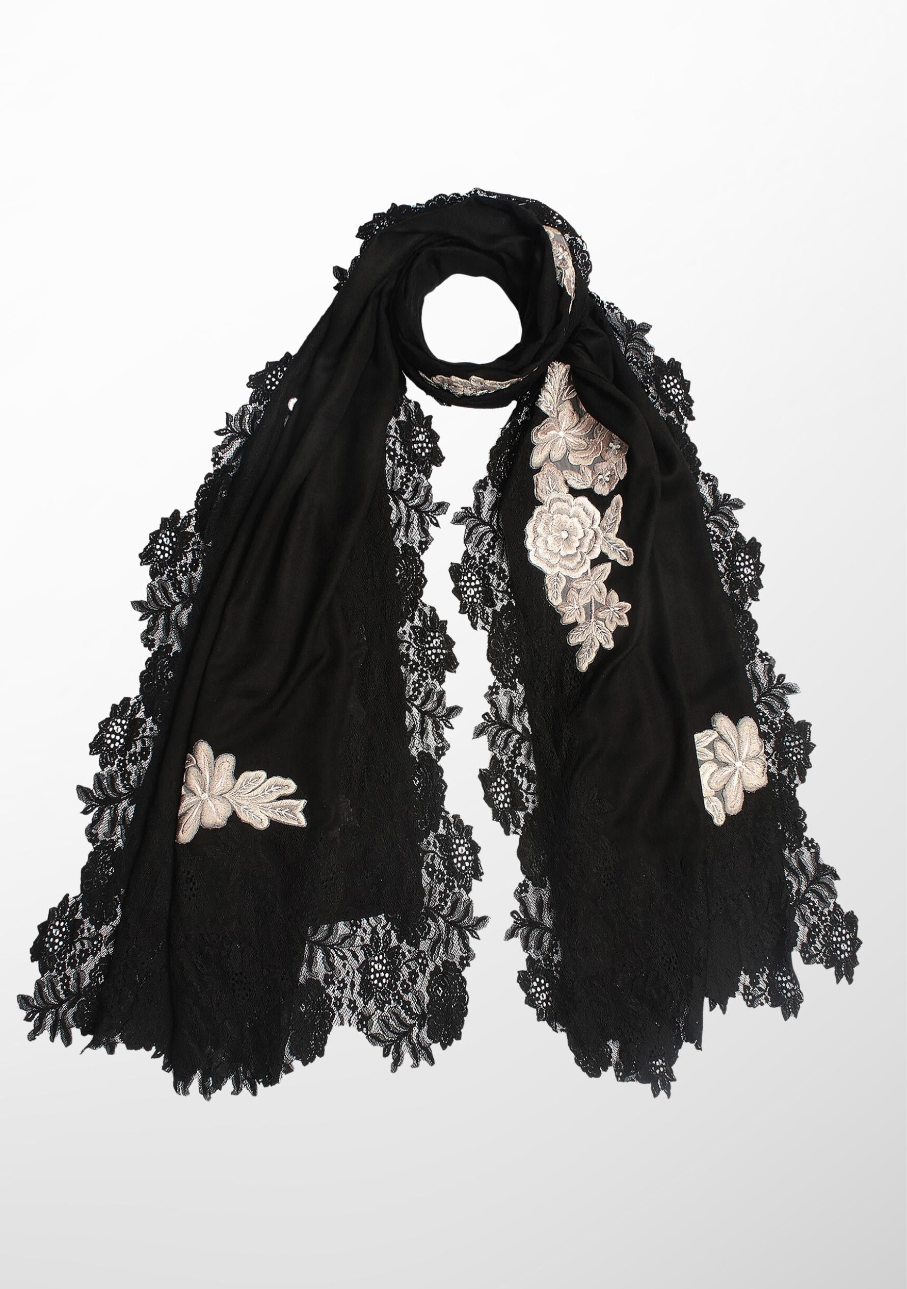 Black Wool and Silk Scarf with a Black 
Floral Lace Border and Beige-Colored Embroidery.