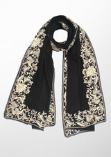Black Cashmere Scarf with a Beige Border Embroidery and Black Lace Edging