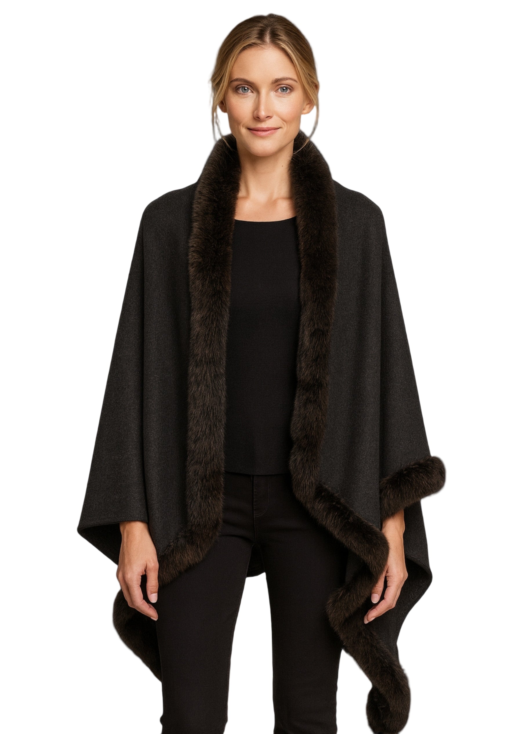 Charcoal Cashmere Stole Brown Fox Fur & Charcoal Floral Lace