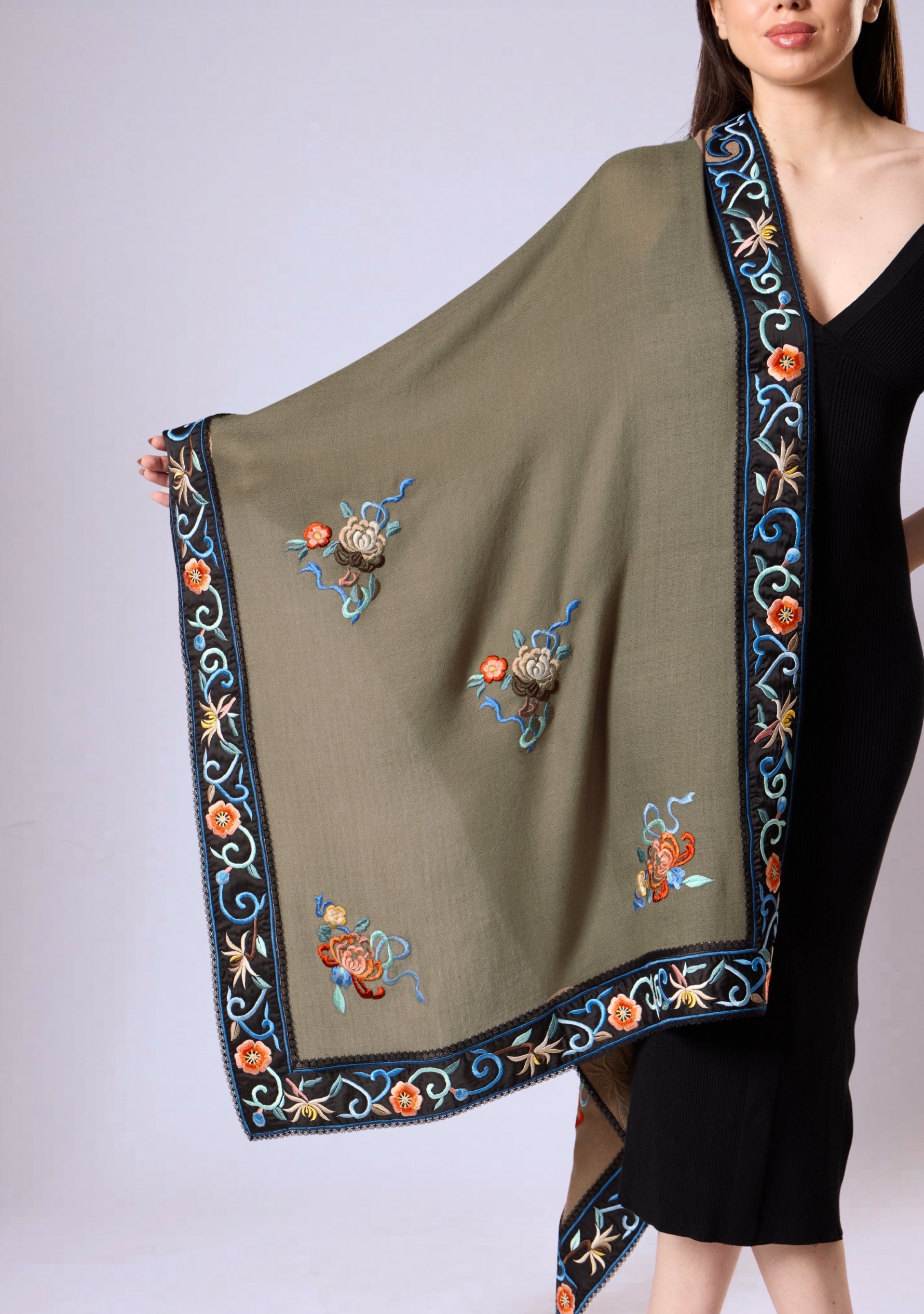 Taupe Cashmere Scarf Black Multi-colored Embroidery & Black Lace