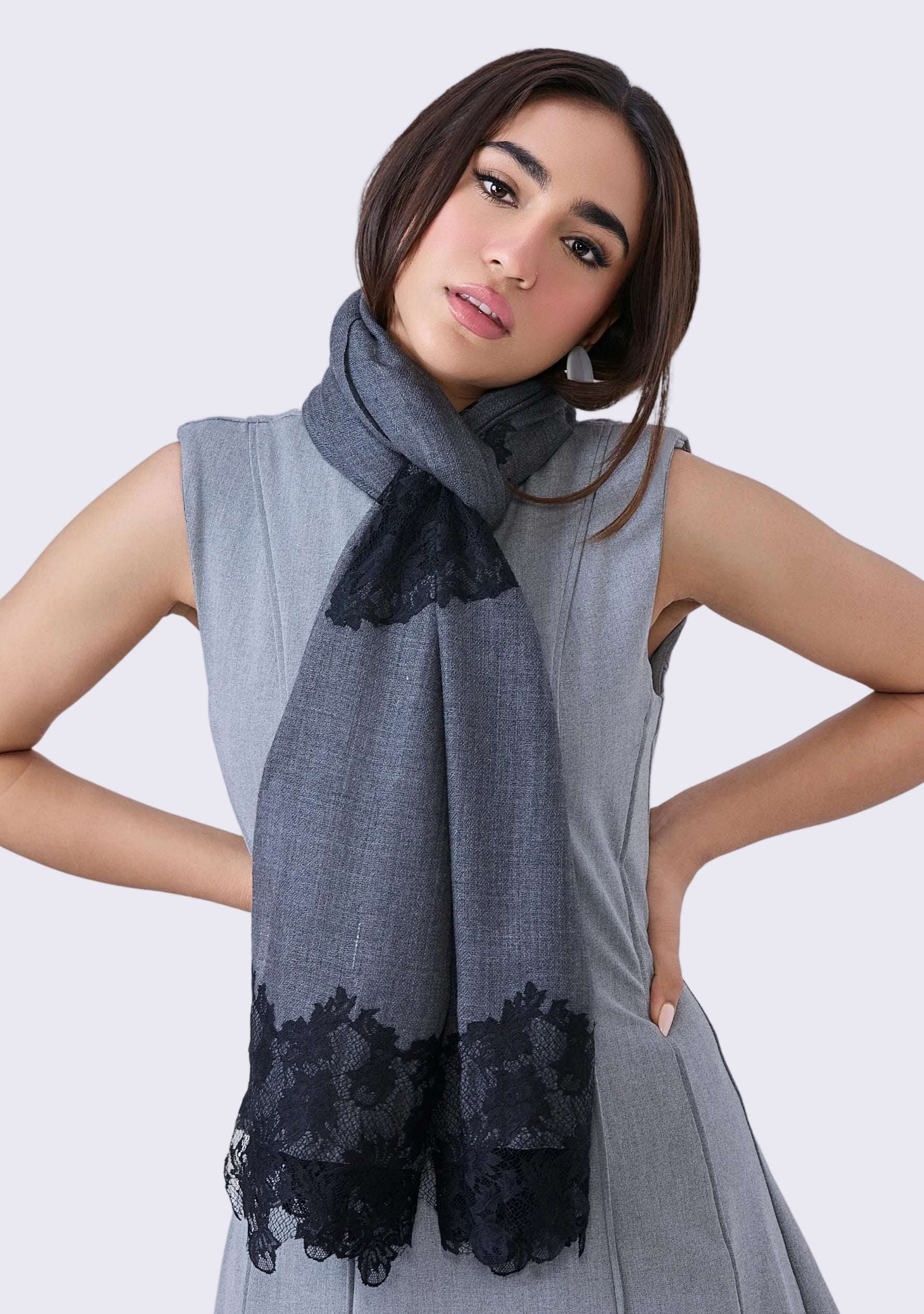 Charcoal Melange Wool & Silk Scarf Black Lace