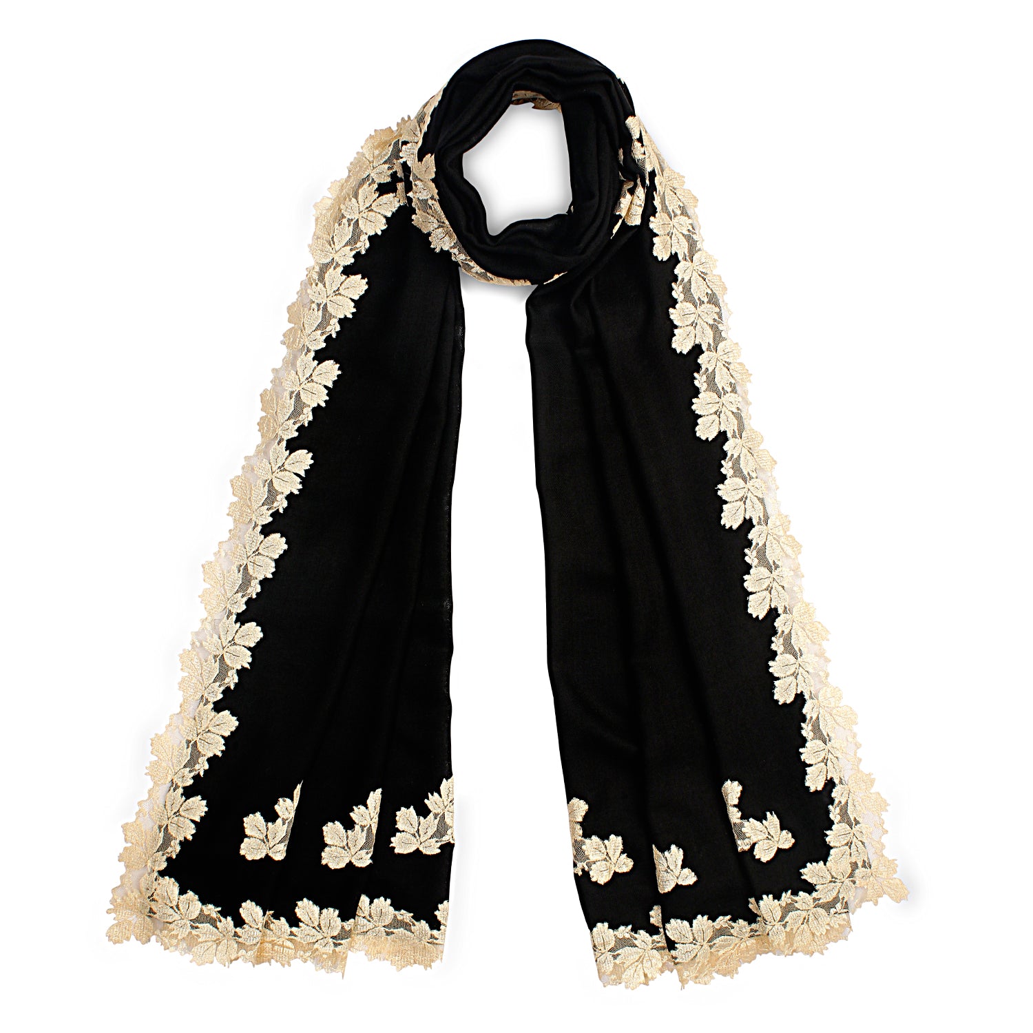 Black Silk and Wool Scarf with a Lt. Gold Leaf Lace Applique & Border